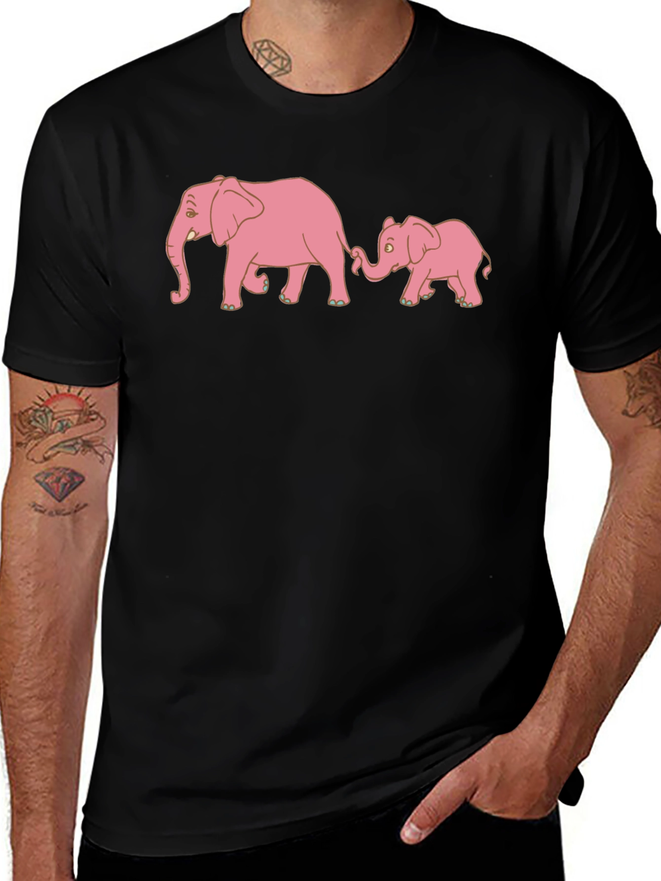 Pink Elephant Family Black T-Shirt