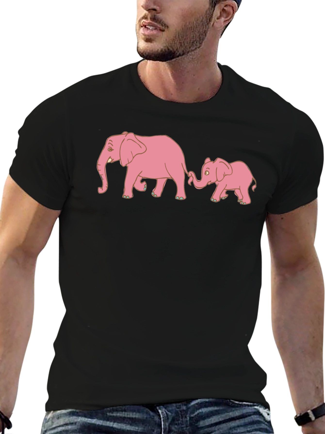 Pink Elephant Family Black T-Shirt