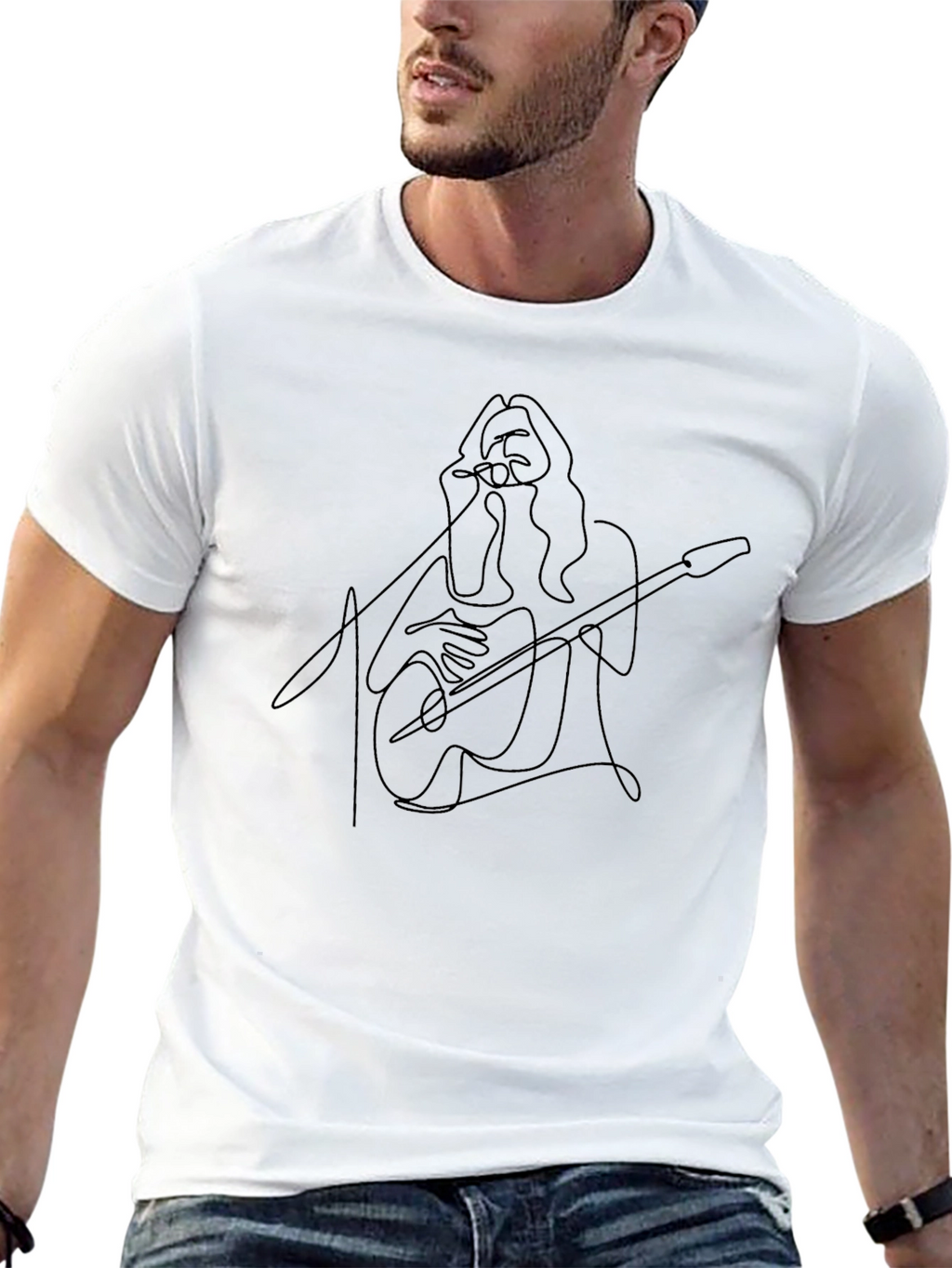 Guitar Player Line Art Black T-Shirt