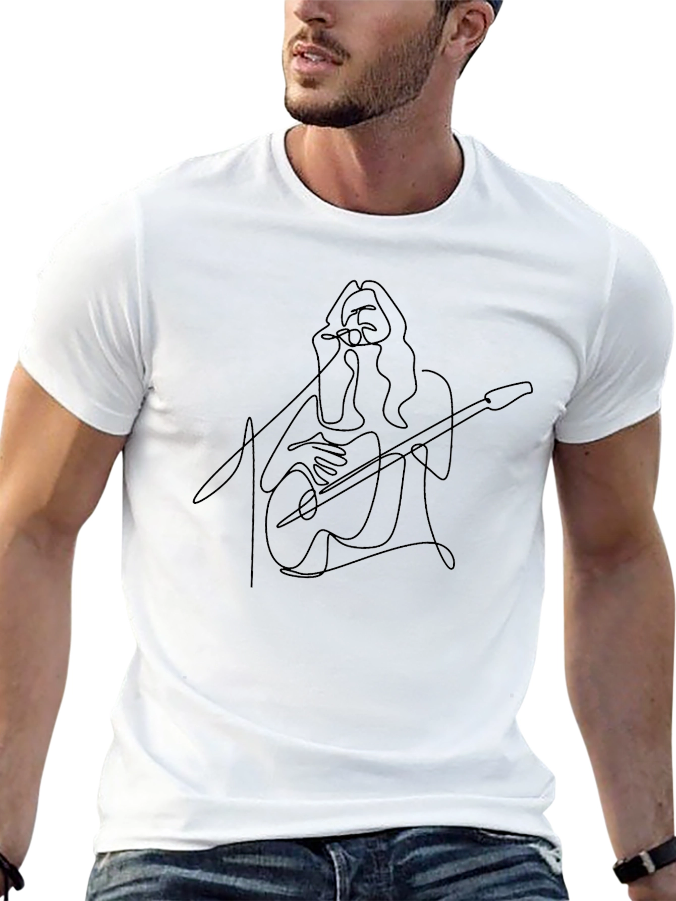 Guitar Player Line Art Black T-Shirt