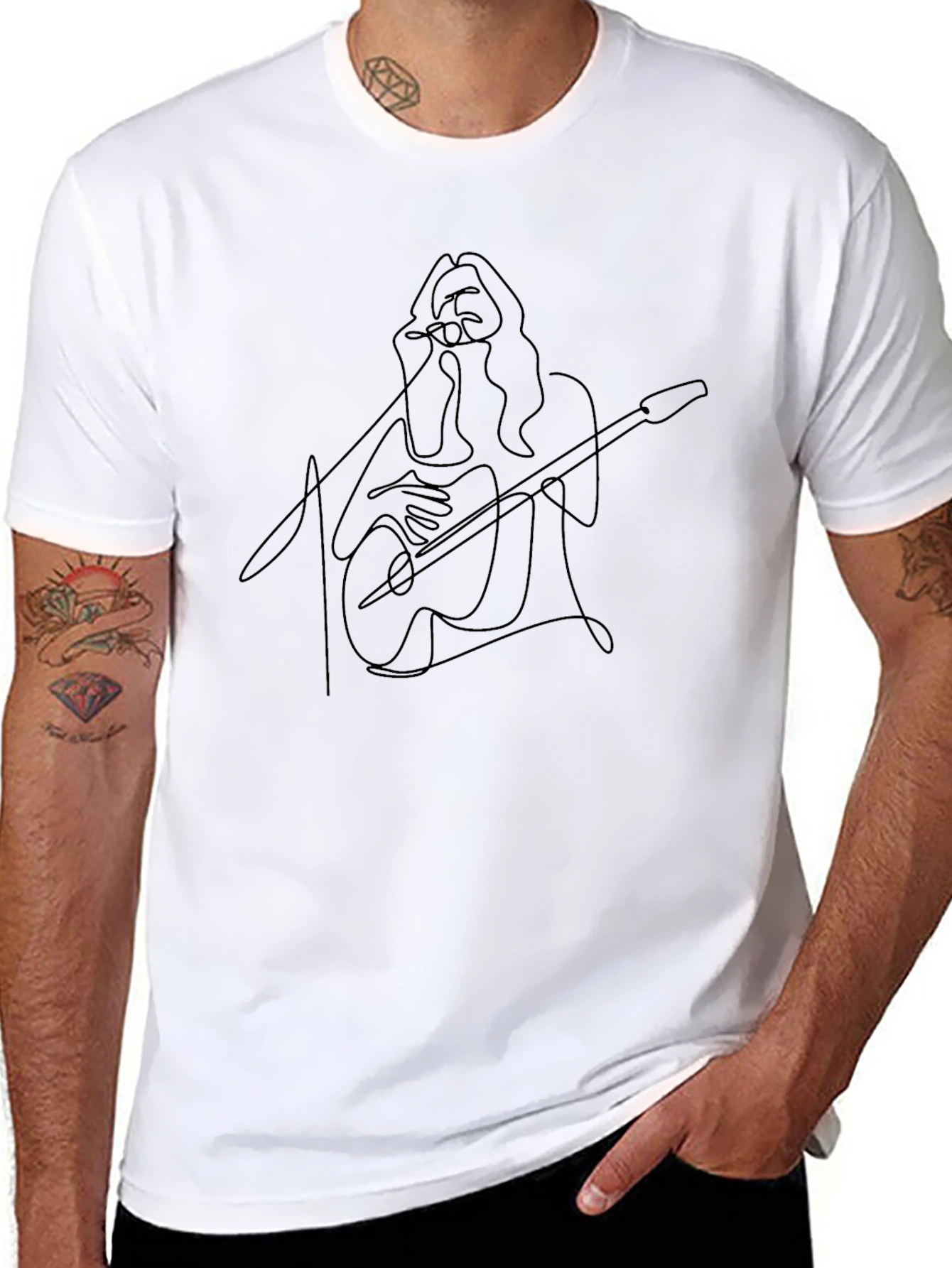 Guitar Player Line Art Black T-Shirt