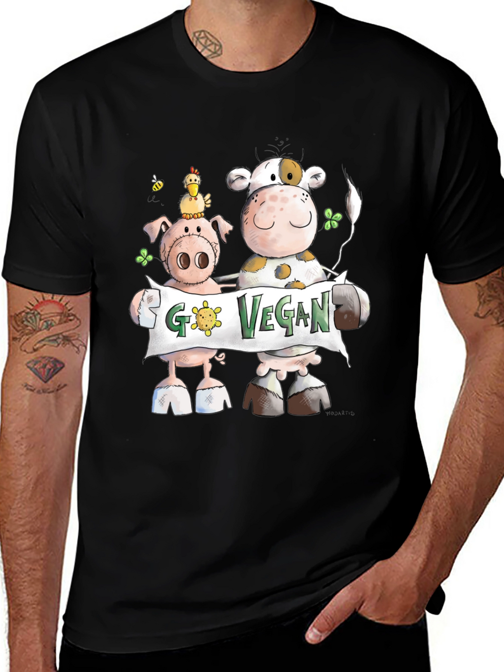 Go Vegan Tee: Cartoon Animal Graphic