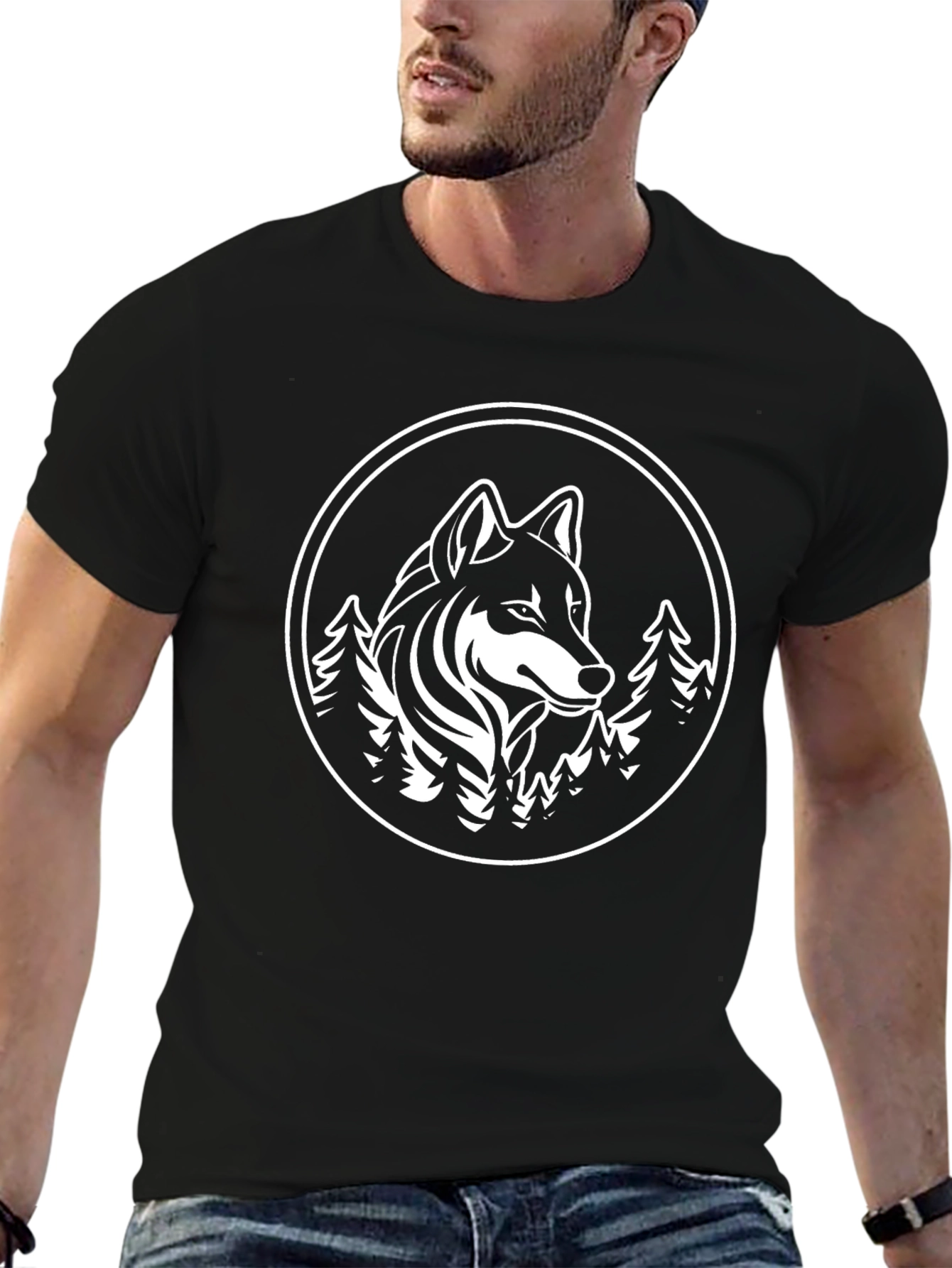 Wolf & Trees Graphic Print Black T-Shirt