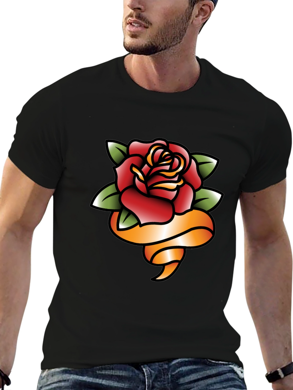 Rose and Ribbon Graphic Tee - Classic Tattoo Style