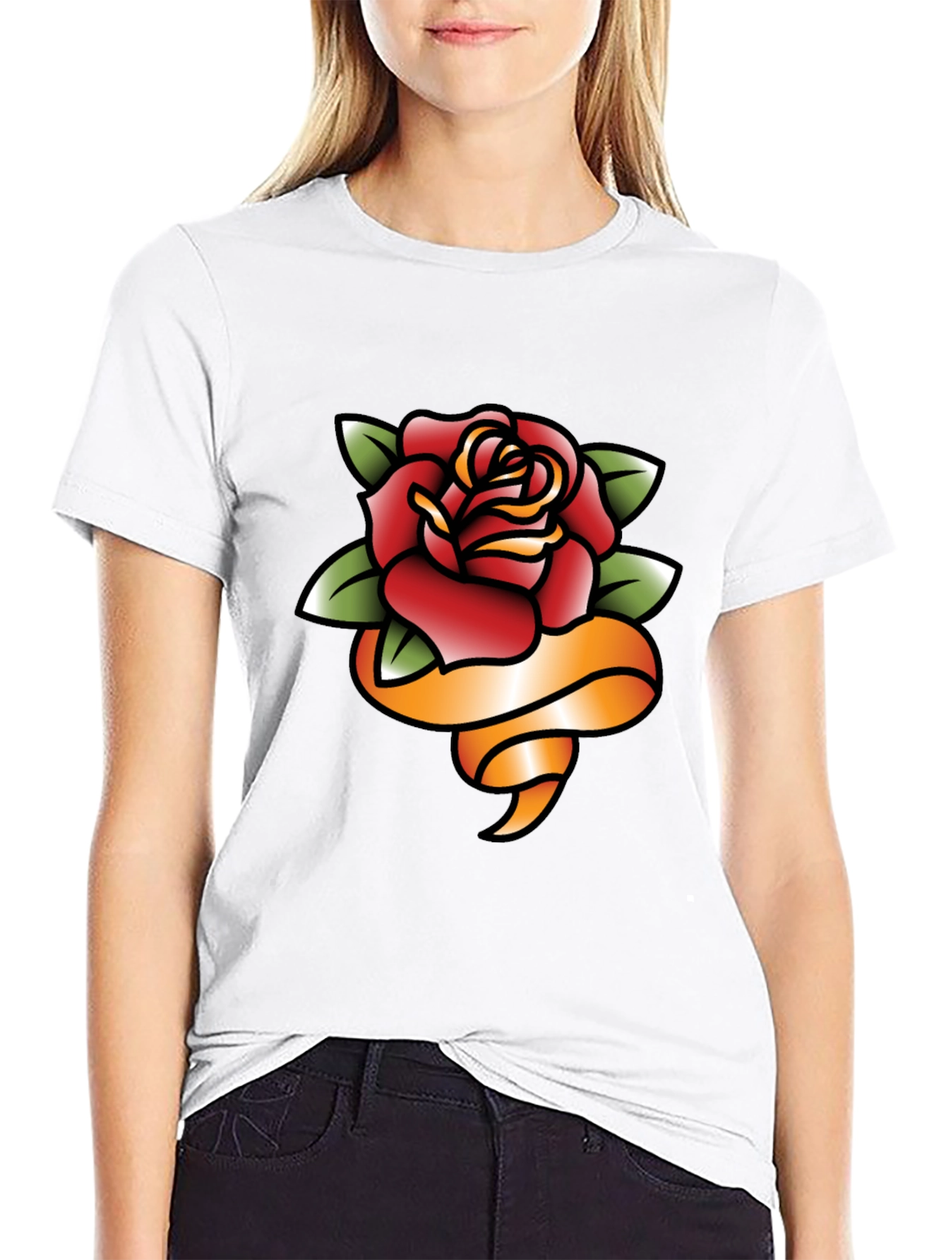 Rose and Ribbon Graphic Tee - Classic Tattoo Style