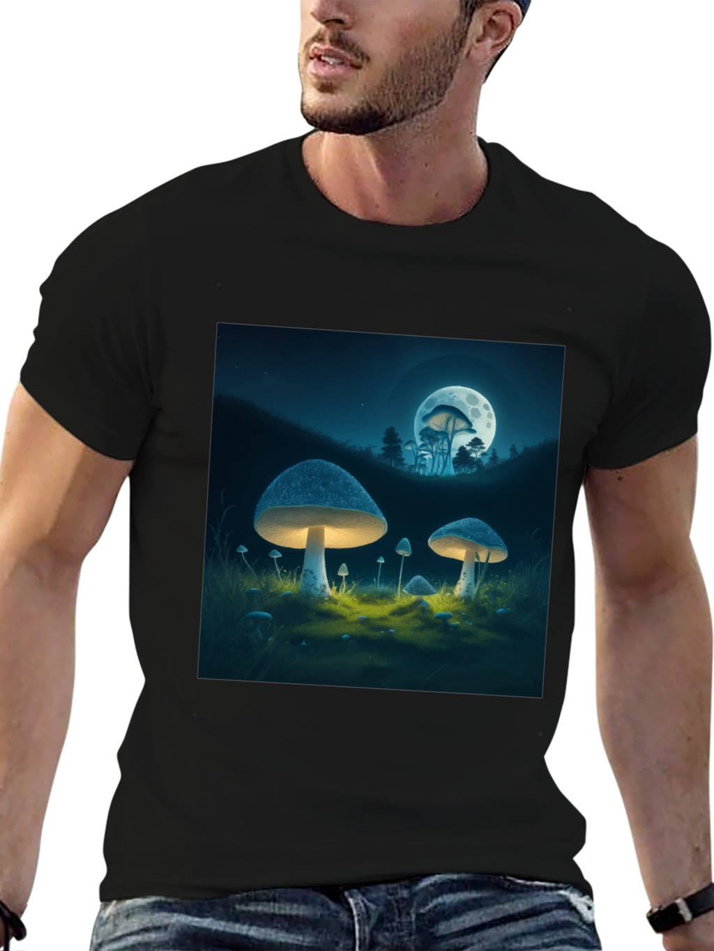 Mushroom Moon Graphic Tee - Black Cotton Blend