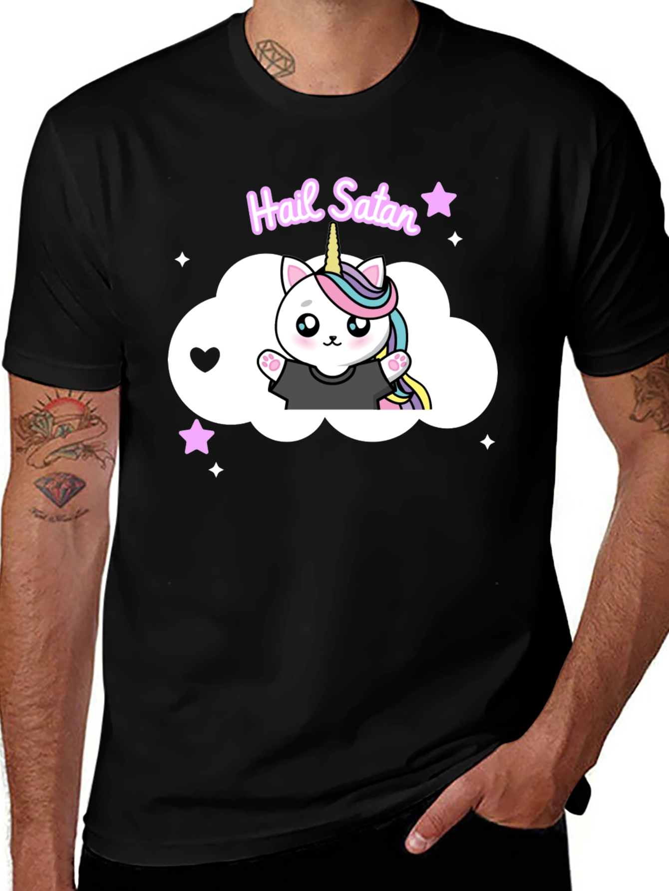 Hail Satan Unicorn Cat Black T-Shirt