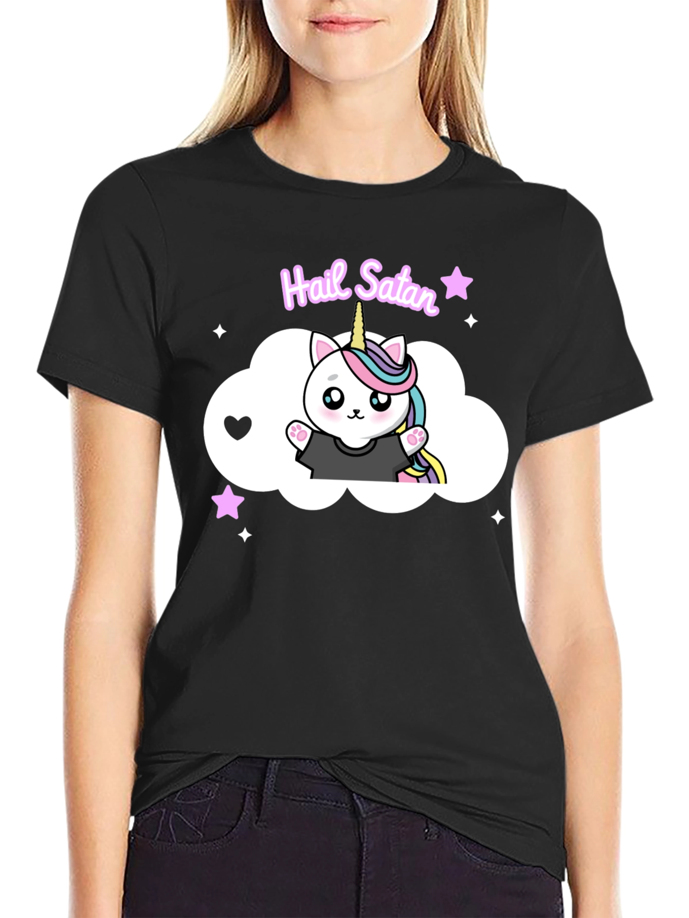 Hail Satan Unicorn Cat Black T-Shirt