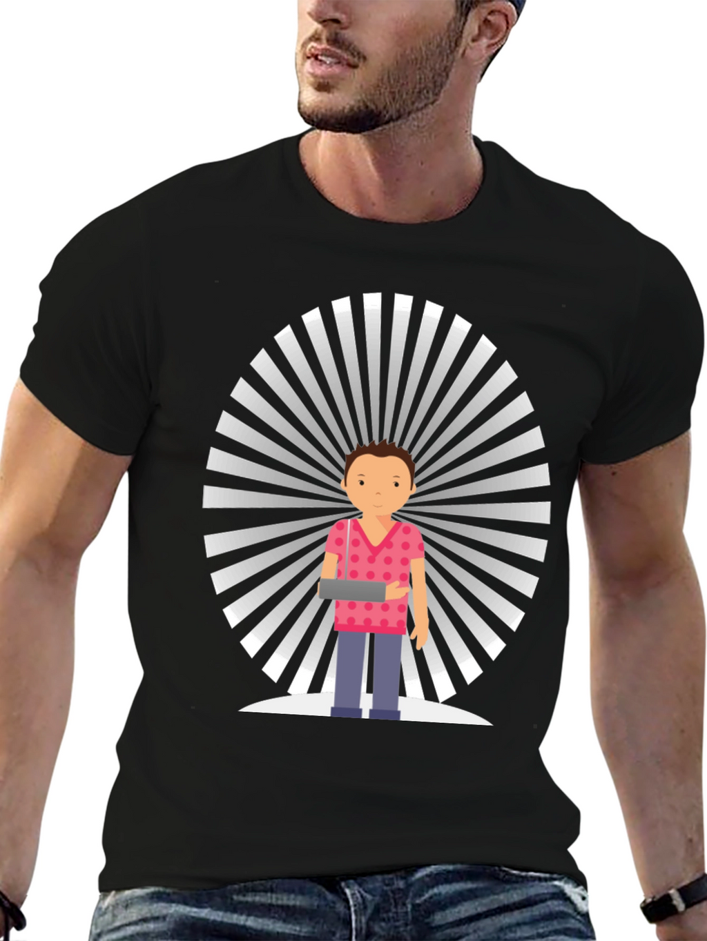 Graphic Tee: Cartoon Man with Retro Background
