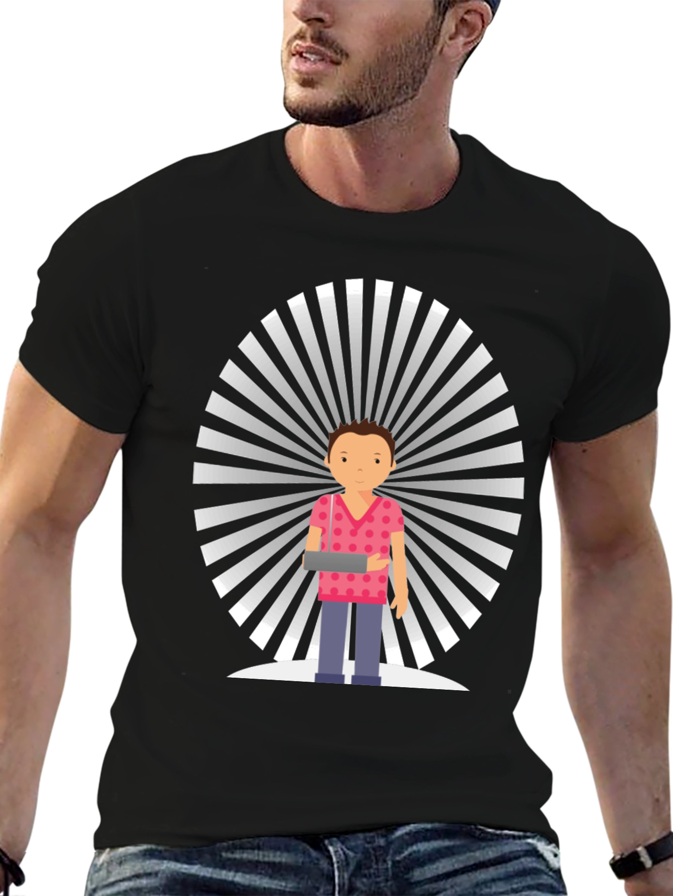 Graphic Tee: Cartoon Man with Retro Background