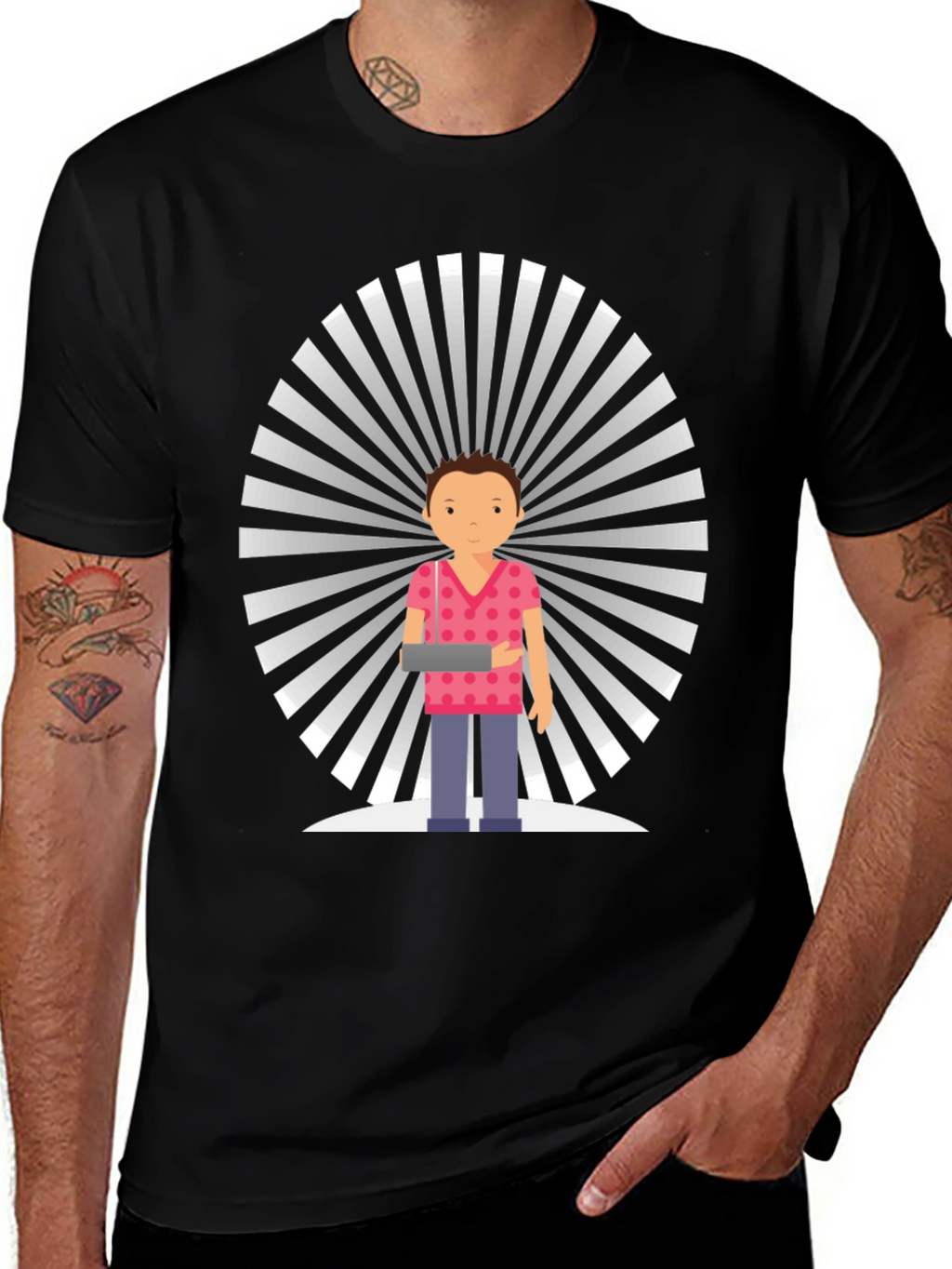 Graphic Tee: Cartoon Man with Retro Background