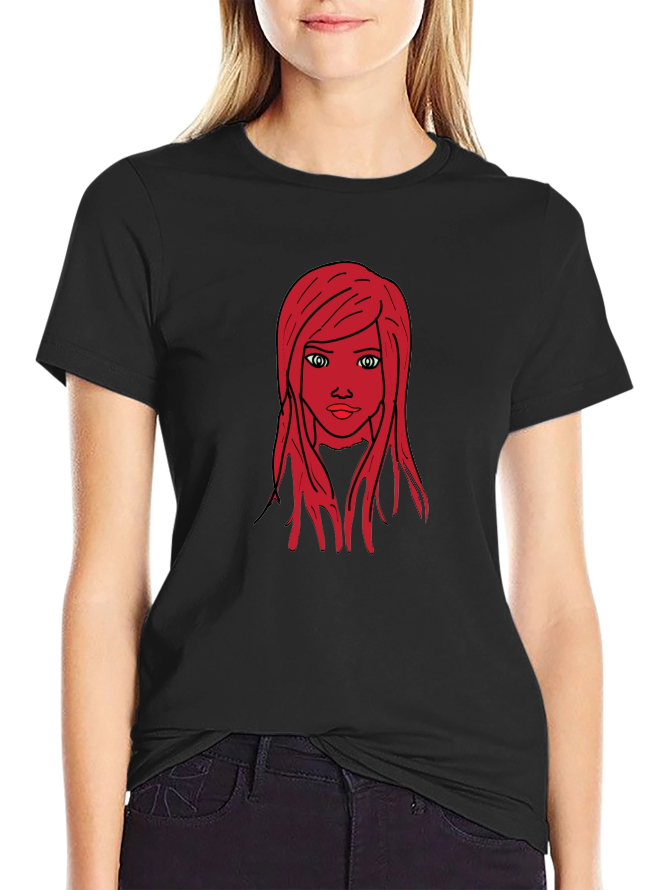 Graphic Tee: Red Haired Girl Black T-Shirt