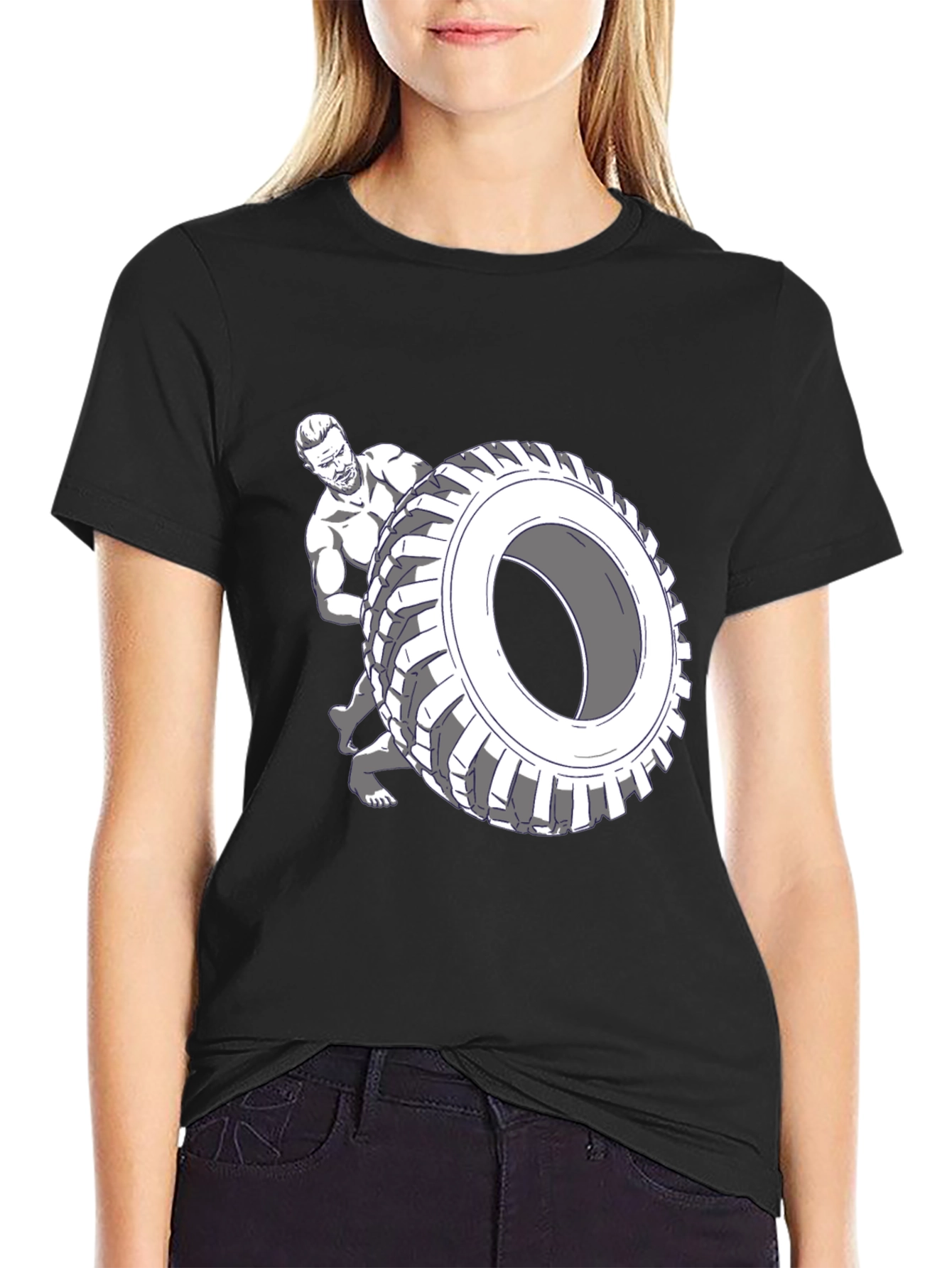 Black T-Shirt with Tire Flip Graphic