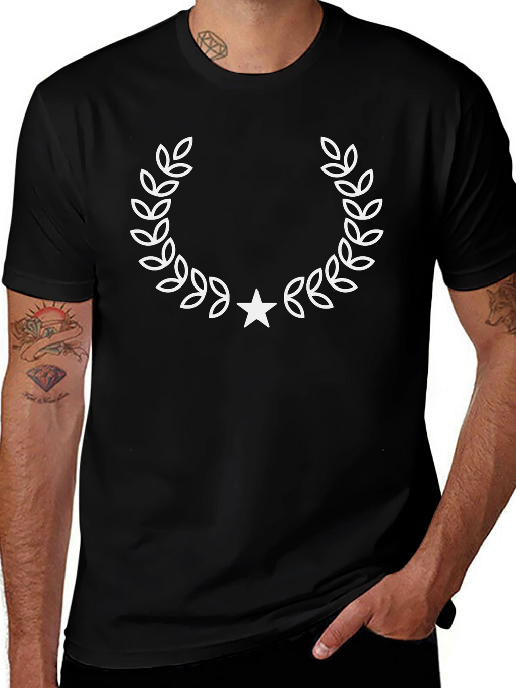 Mens Black T-Shirt with Laurel Wreath Star Design