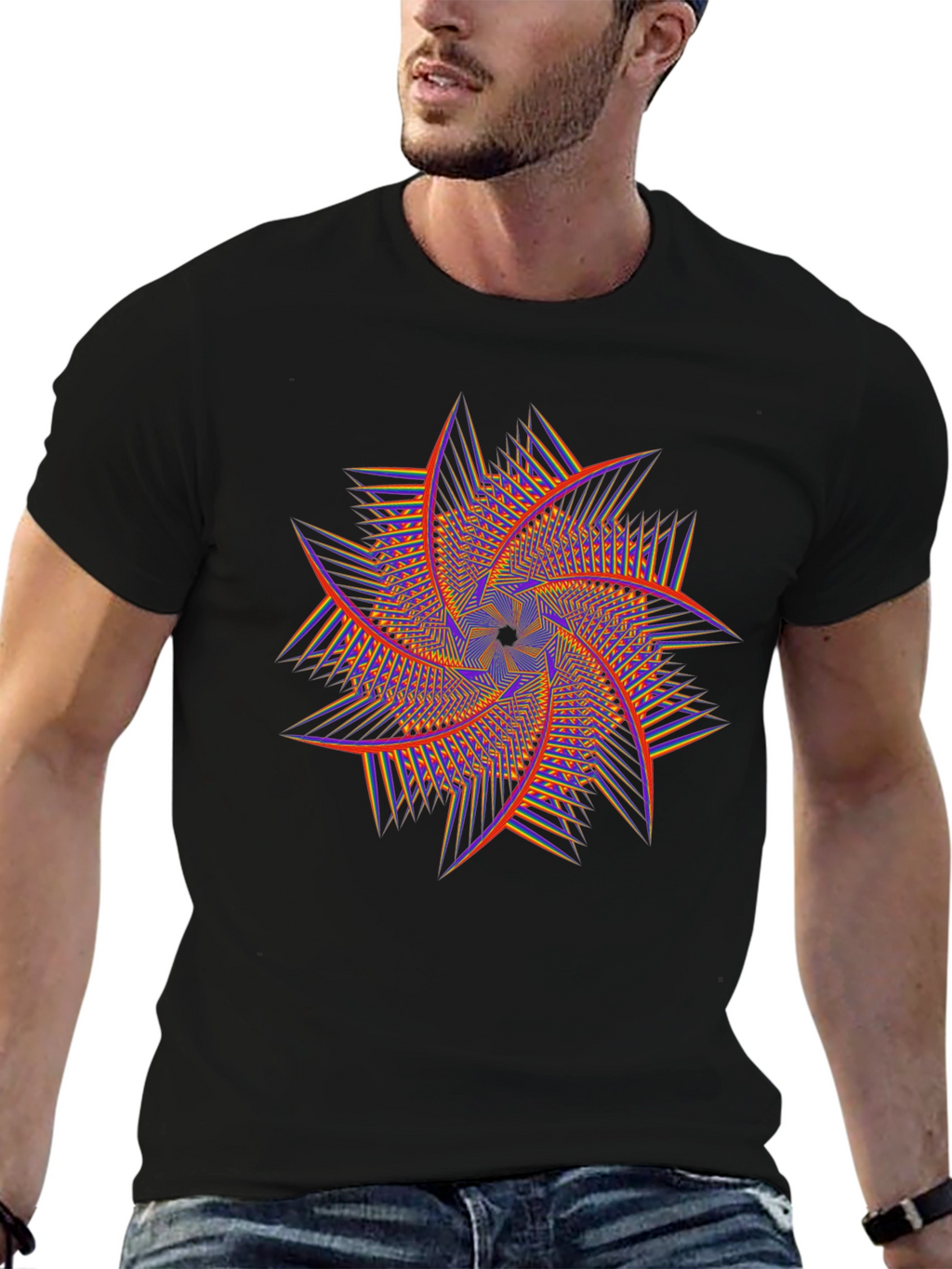 Geometric Swirl Graphic Tee - Black