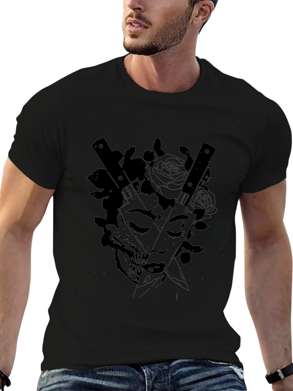 Edgy Skull & Rose Graphic Tee - Black