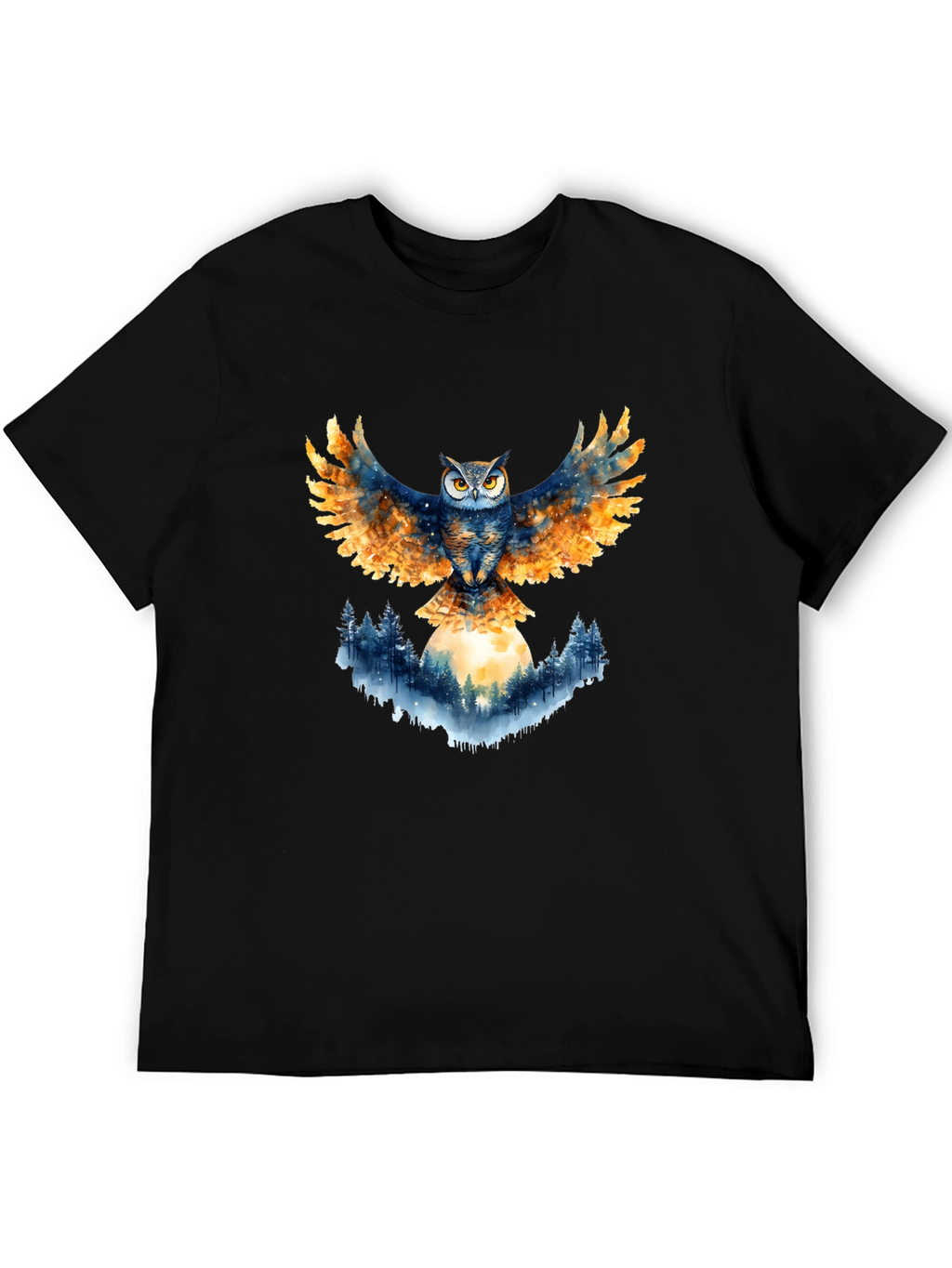 Owl Wings Forest Moon Graphic Tee - Black