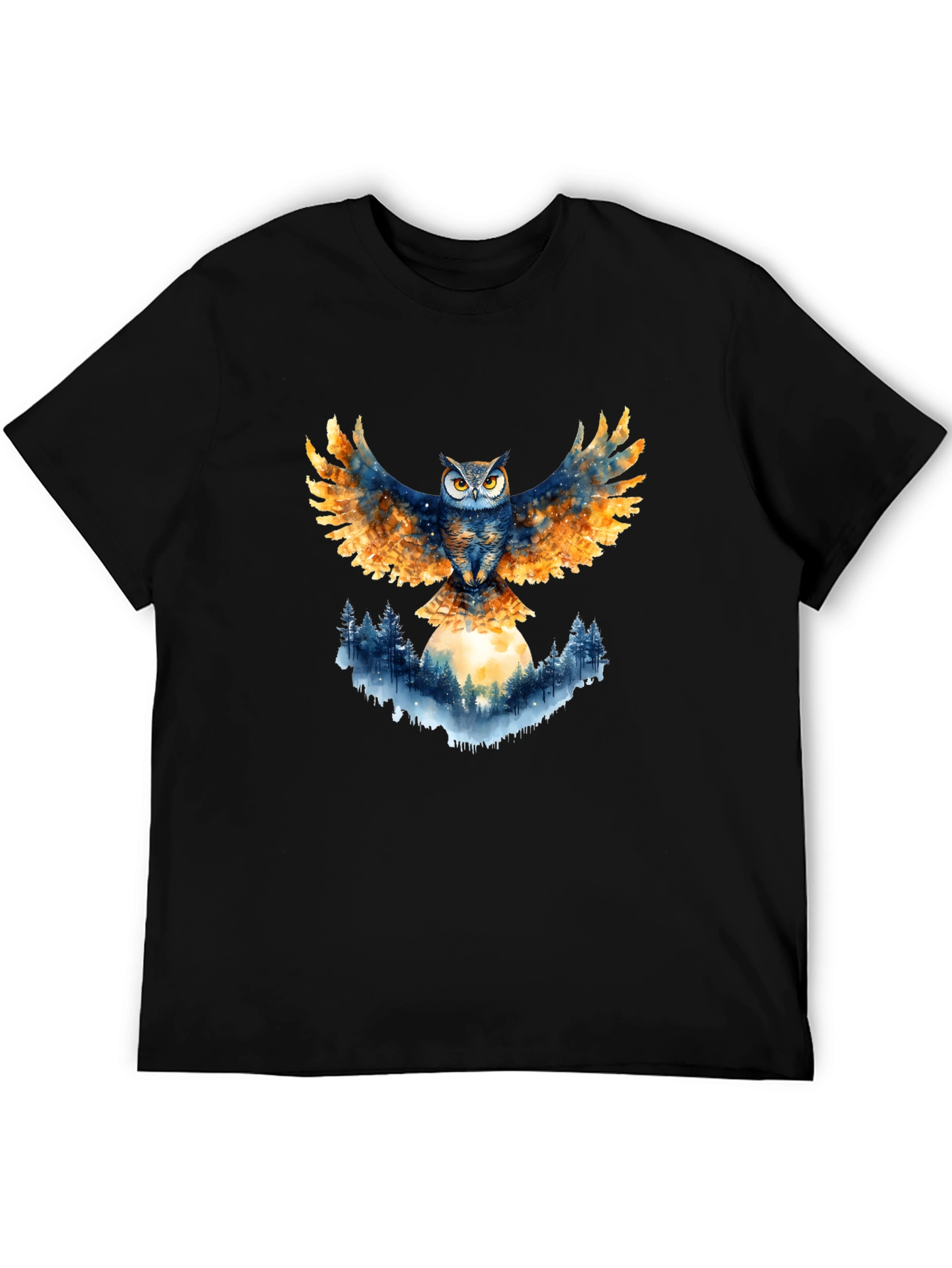 Owl Wings Forest Moon Graphic Tee - Black