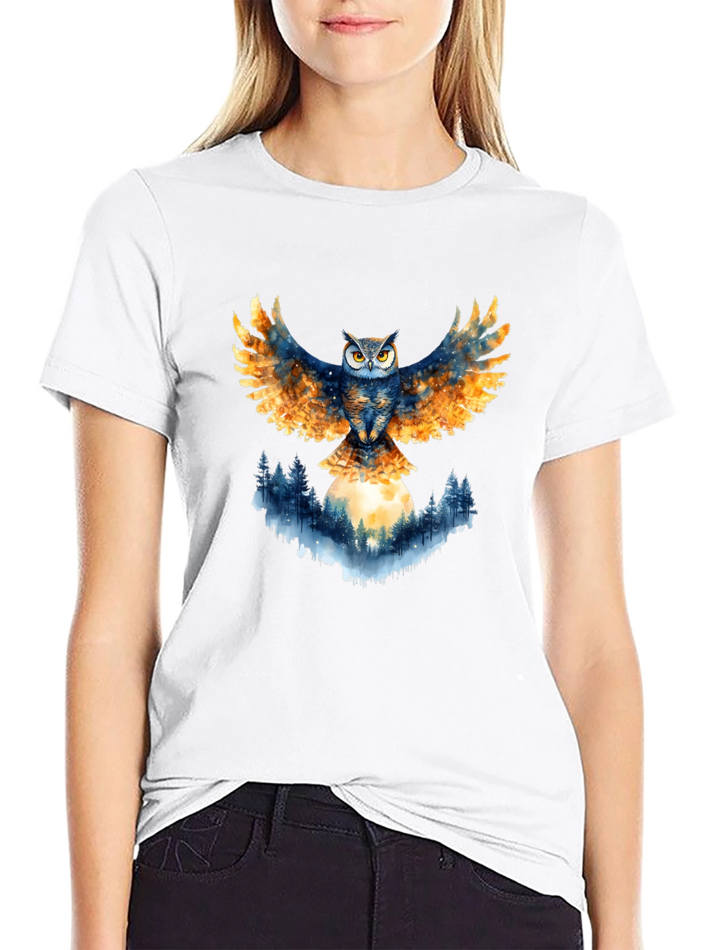Owl Wings Forest Moon Graphic Tee - Black