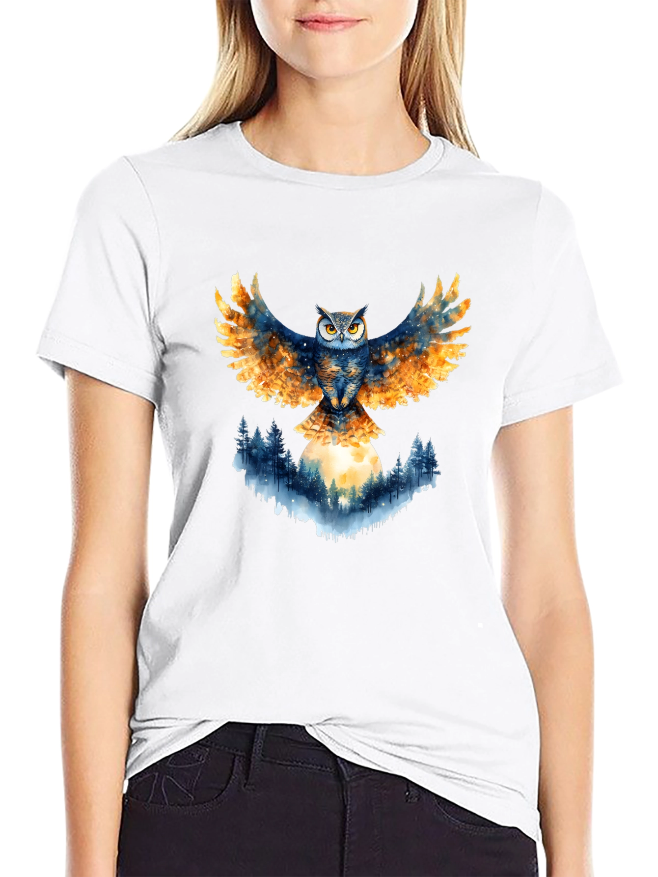 Owl Wings Forest Moon Graphic Tee - Black