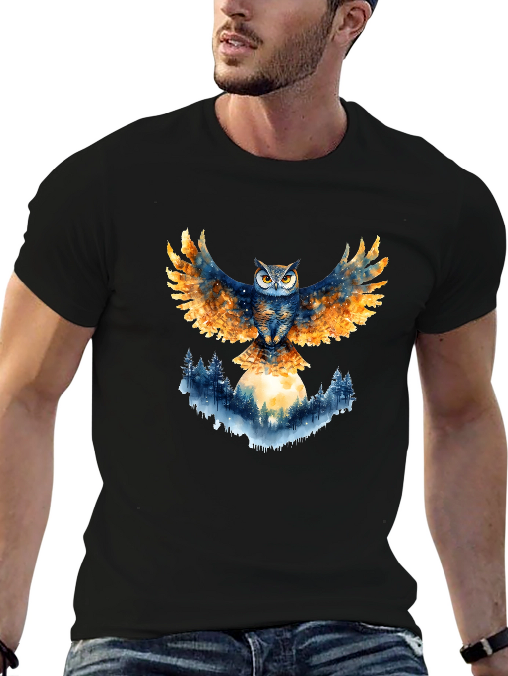 Owl Wings Forest Moon Graphic Tee - Black