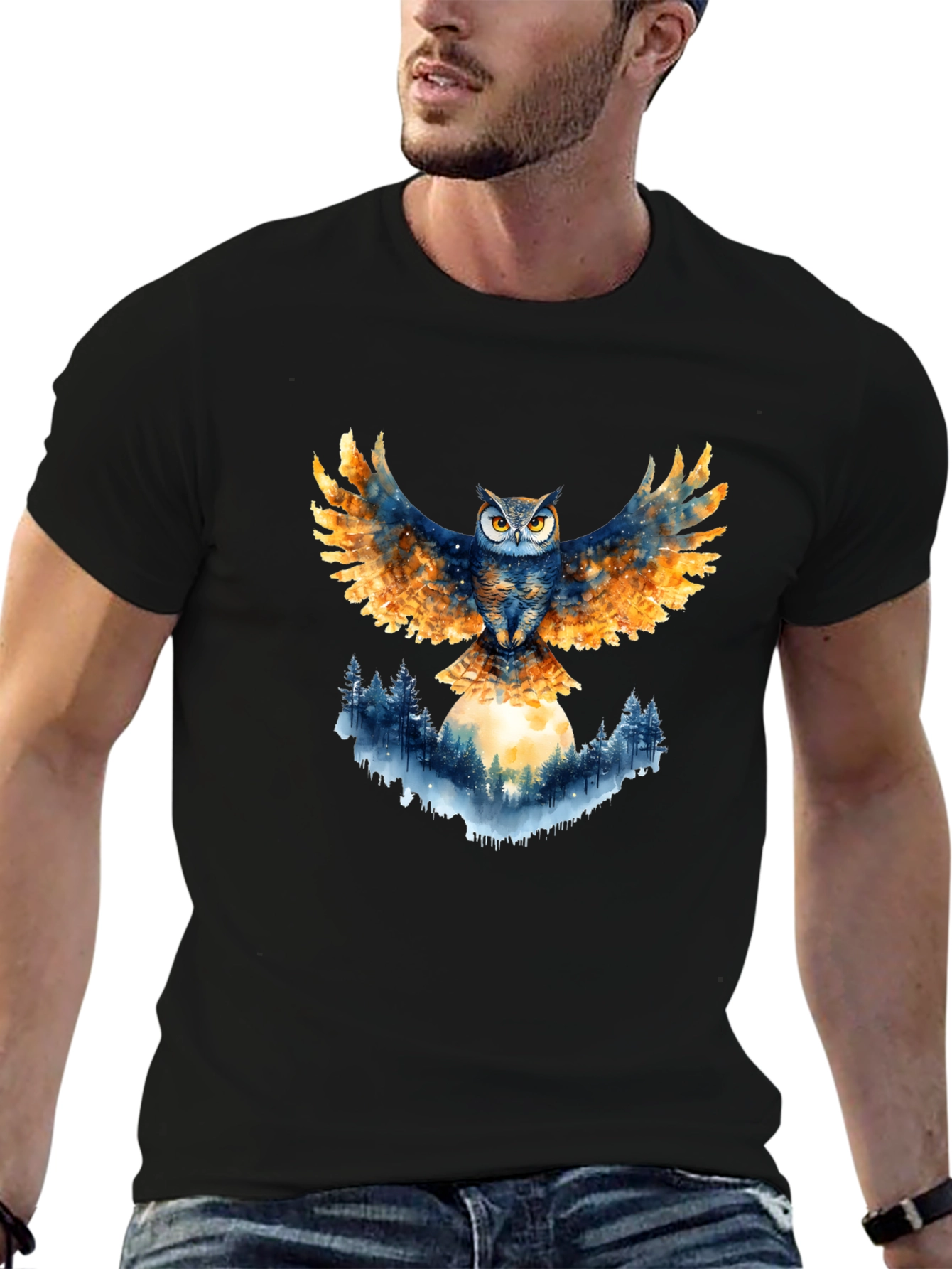 Owl Wings Forest Moon Graphic Tee - Black