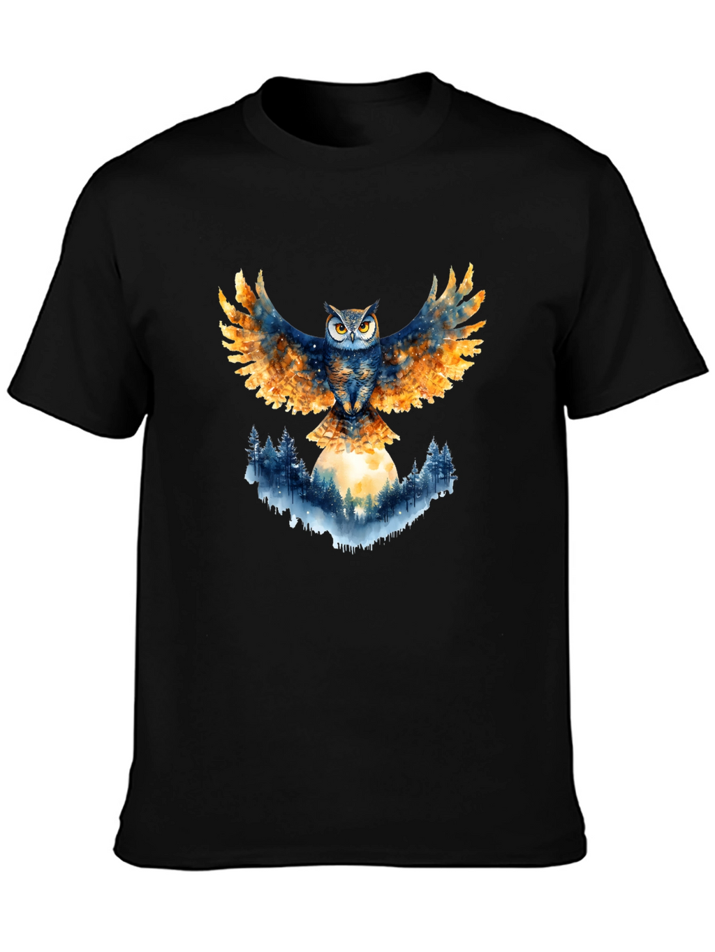 Owl Wings Forest Moon Graphic Tee - Black