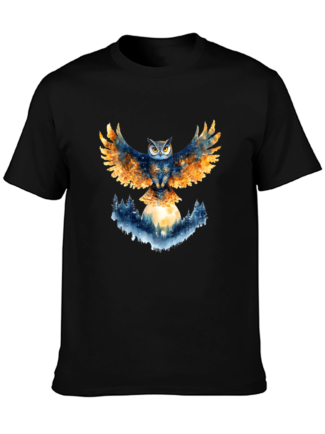 Owl Wings Forest Moon Graphic Tee - Black
