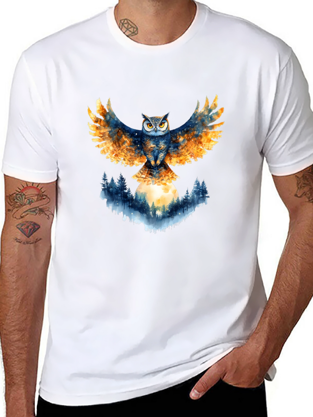 Owl Wings Forest Moon Graphic Tee - Black
