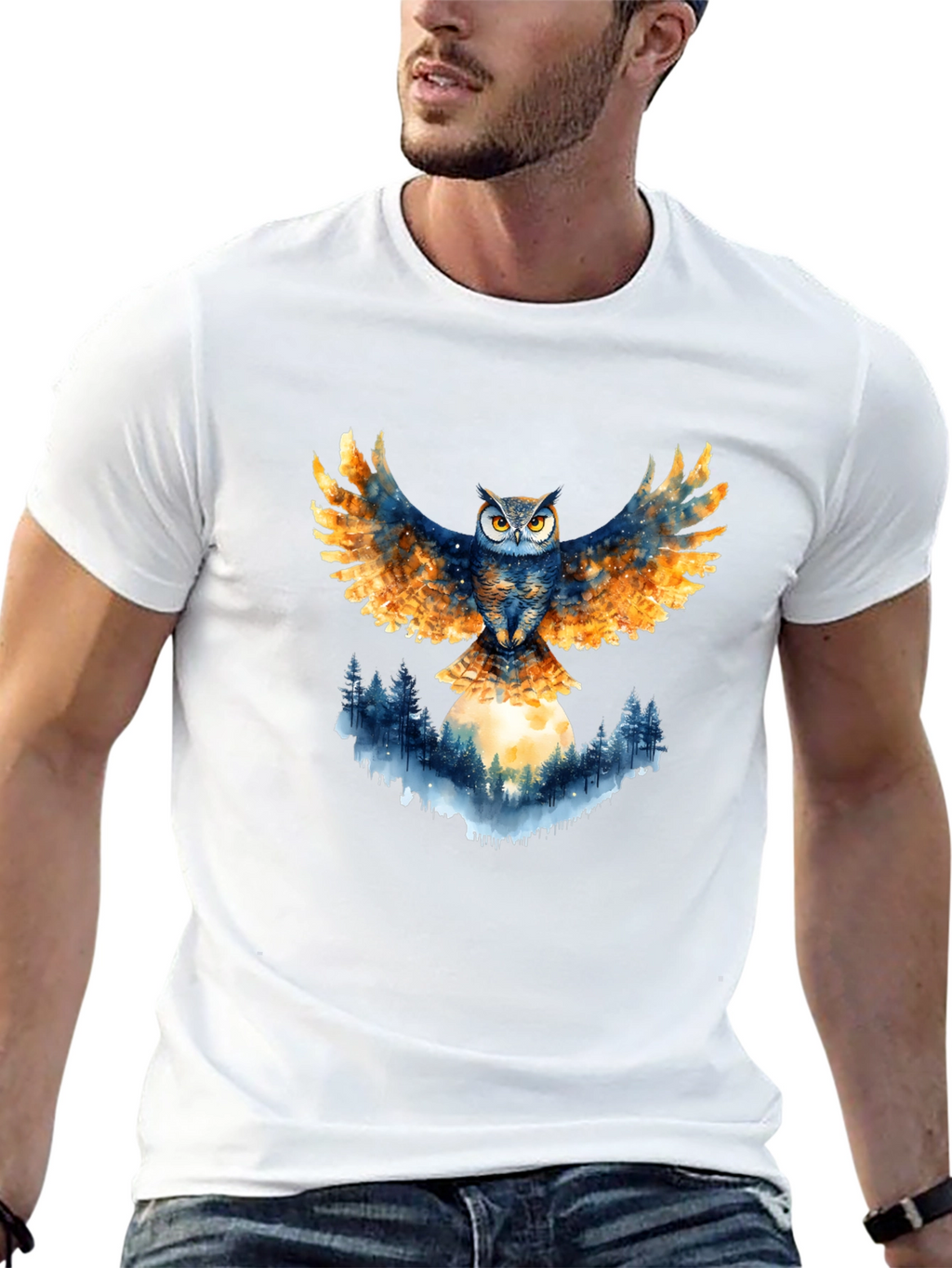Owl Wings Forest Moon Graphic Tee - Black