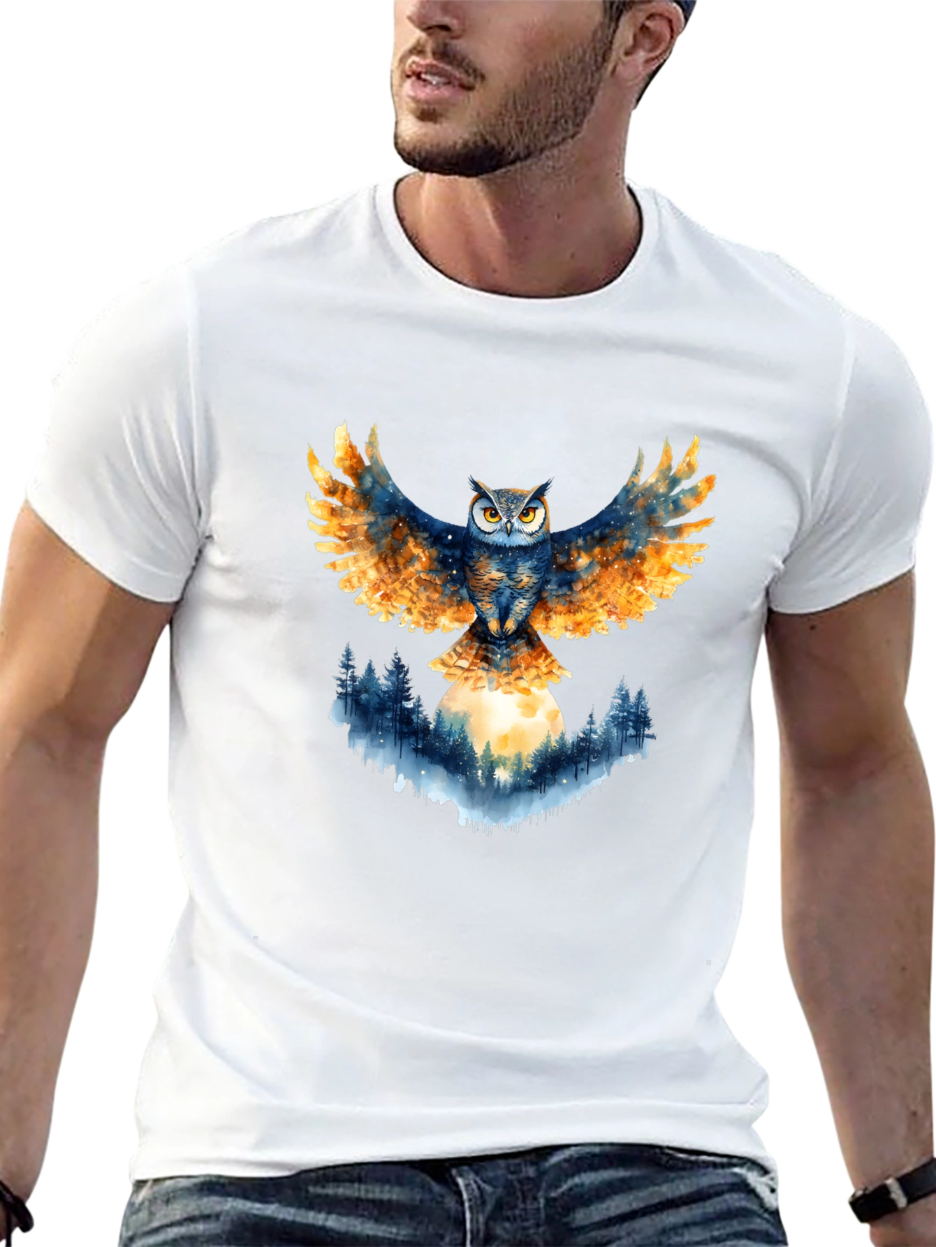 Owl Wings Forest Moon Graphic Tee - Black