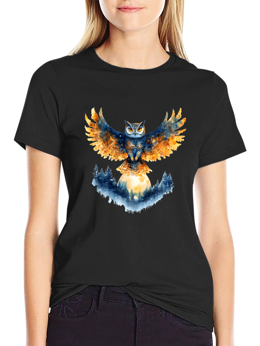 Owl Wings Forest Moon Graphic Tee - Black