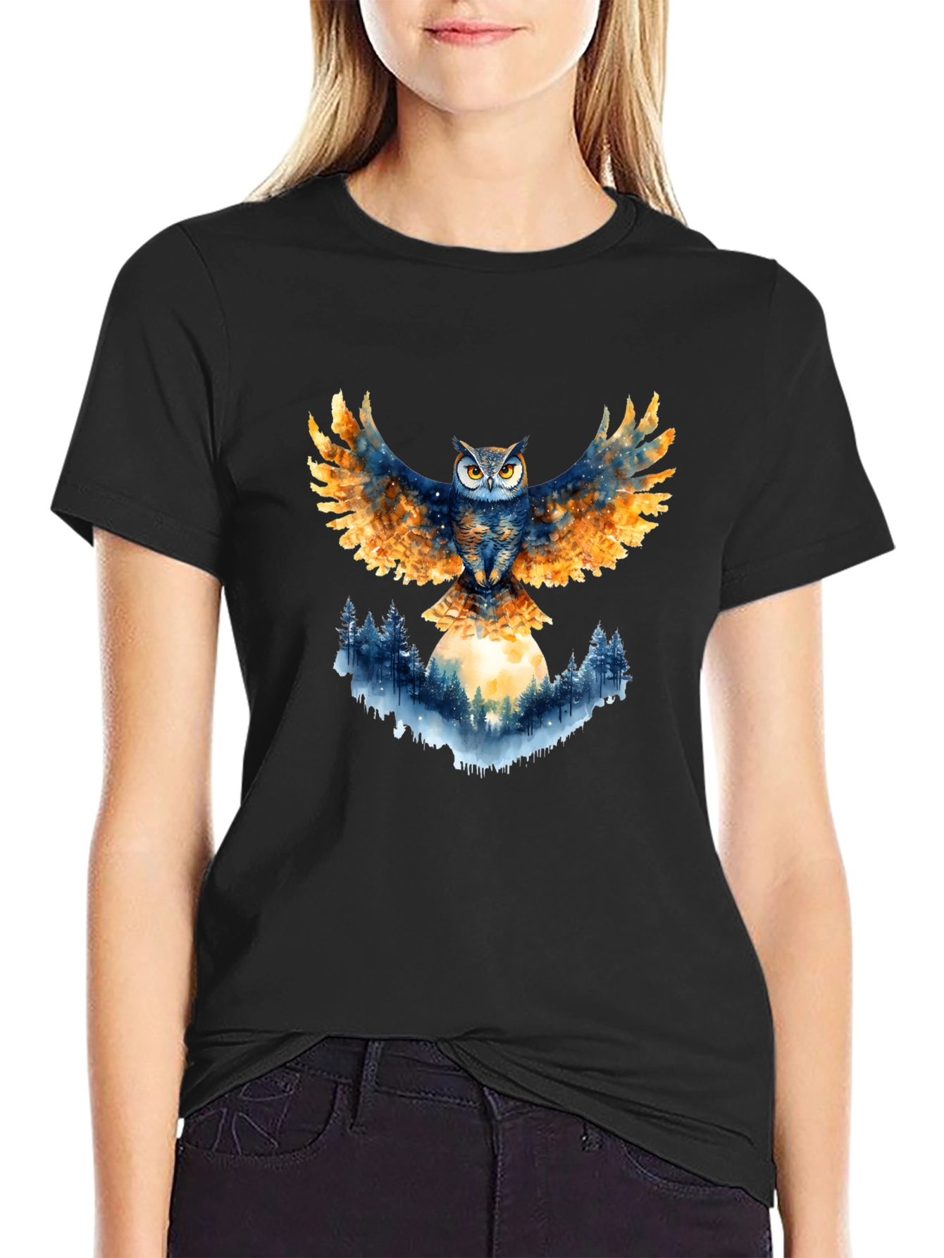 Owl Wings Forest Moon Graphic Tee - Black