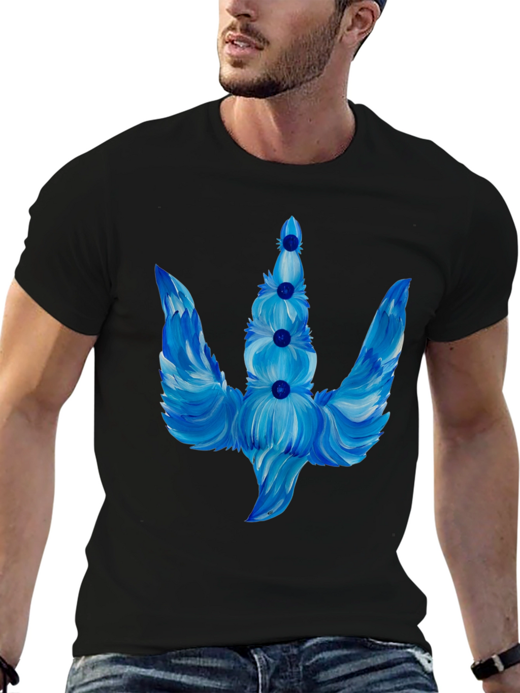 Blue Floral Trident Graphic T-Shirt