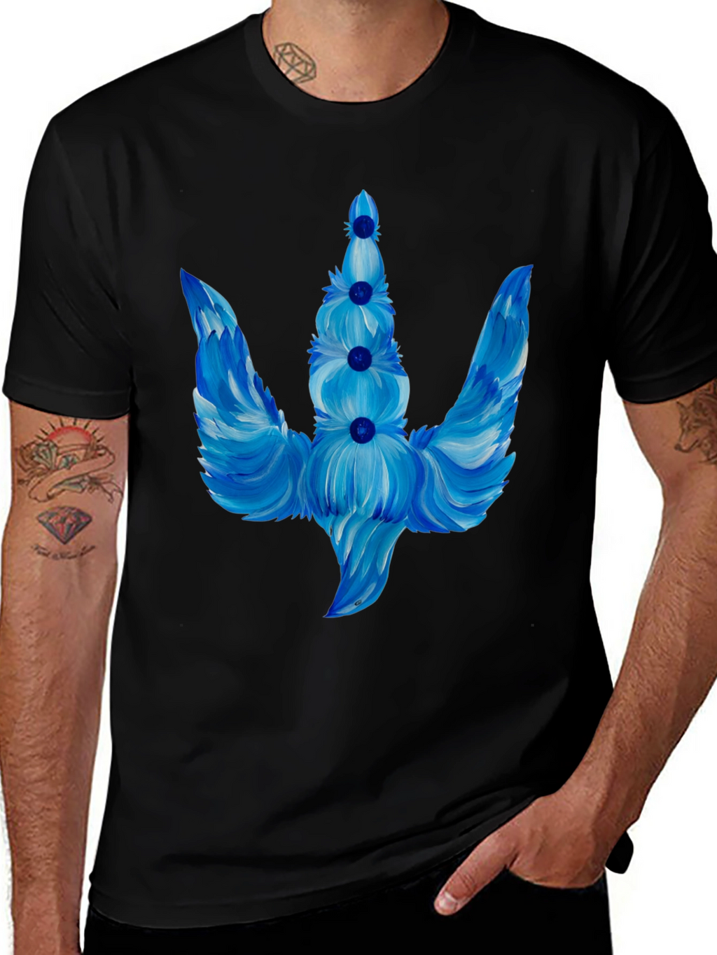 Blue Floral Trident Graphic T-Shirt
