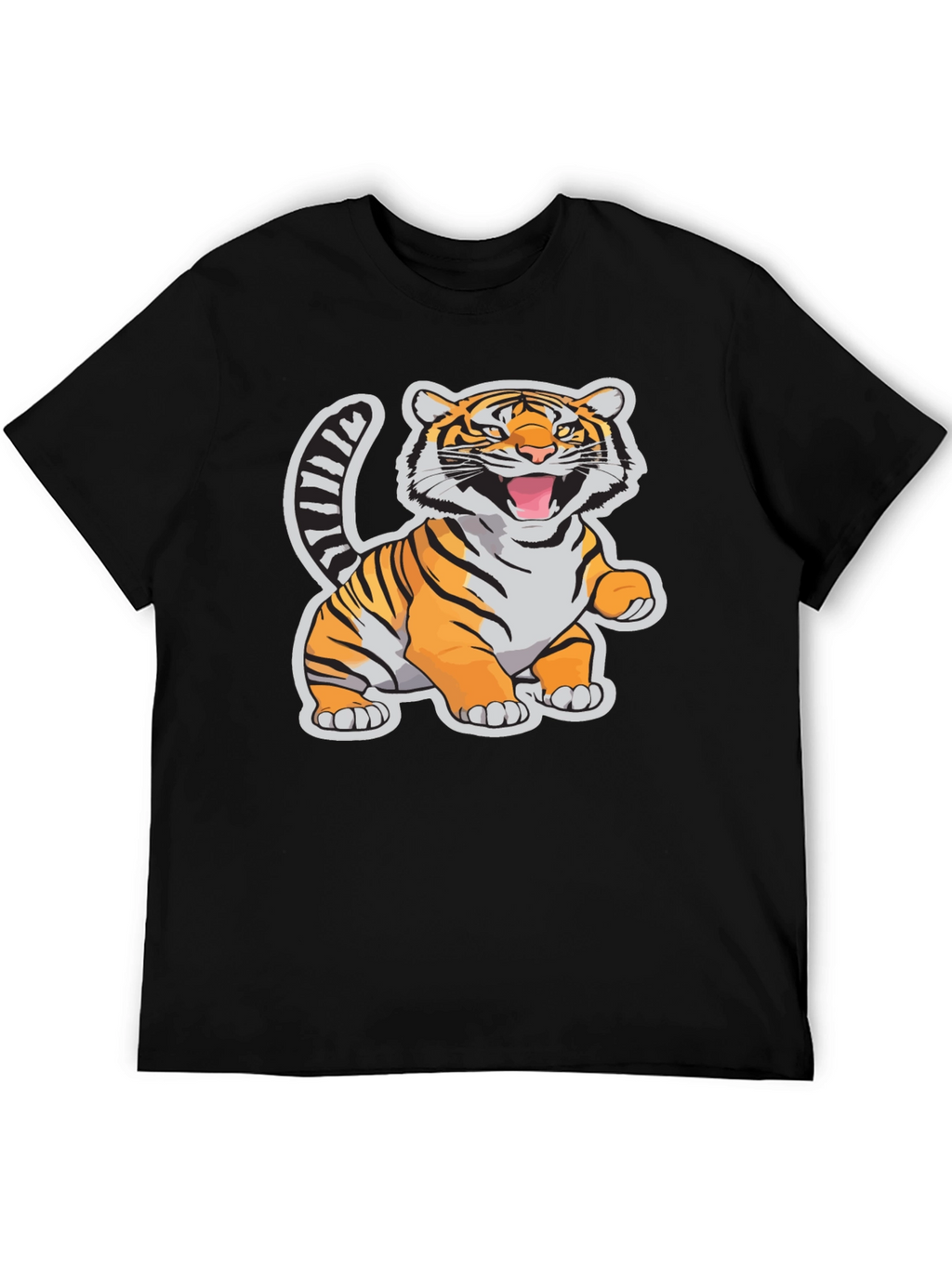 Cartoon Tiger Graphic Tee - Black Cotton T-Shirt