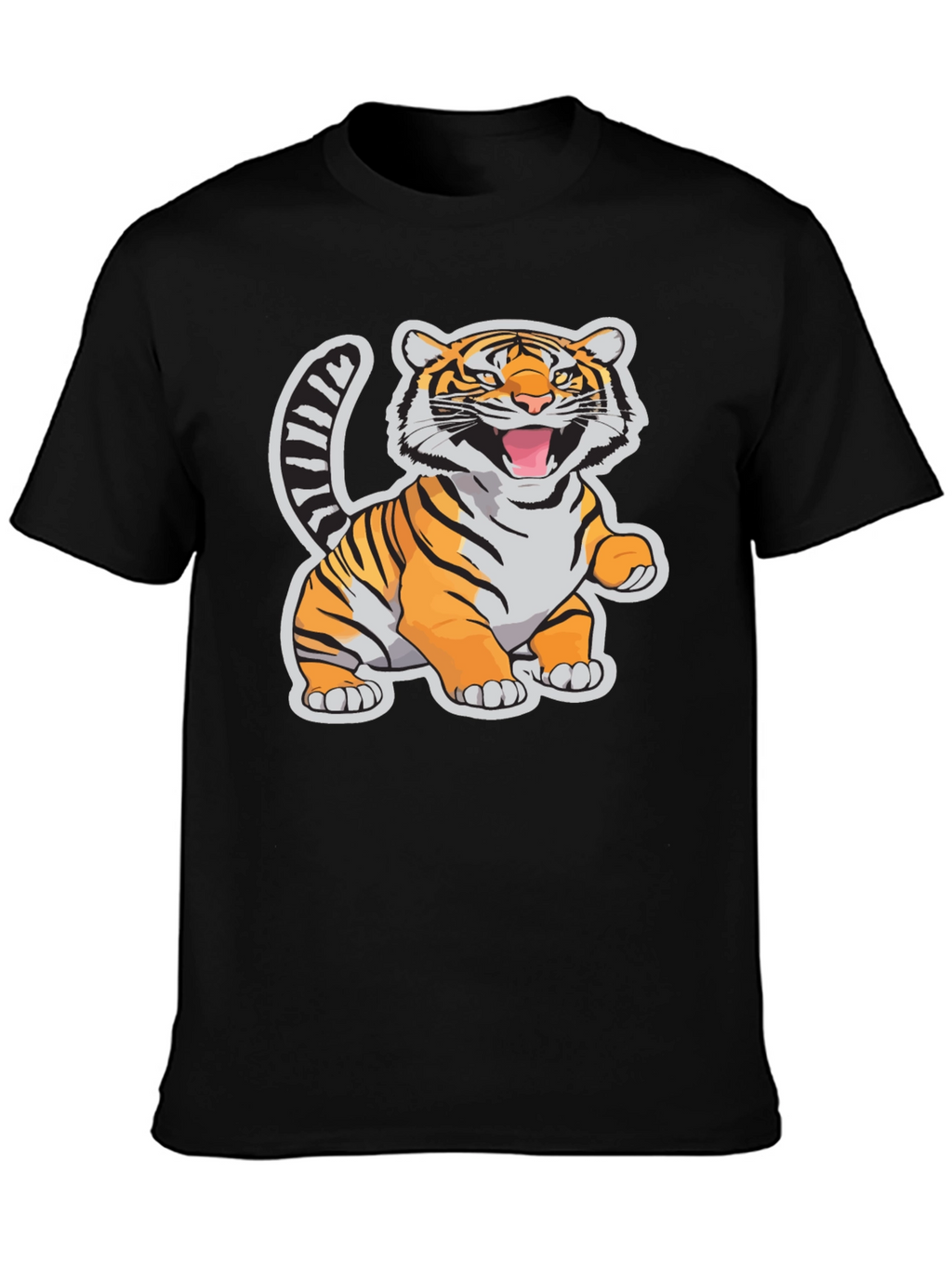 Cartoon Tiger Graphic Tee - Black Cotton T-Shirt