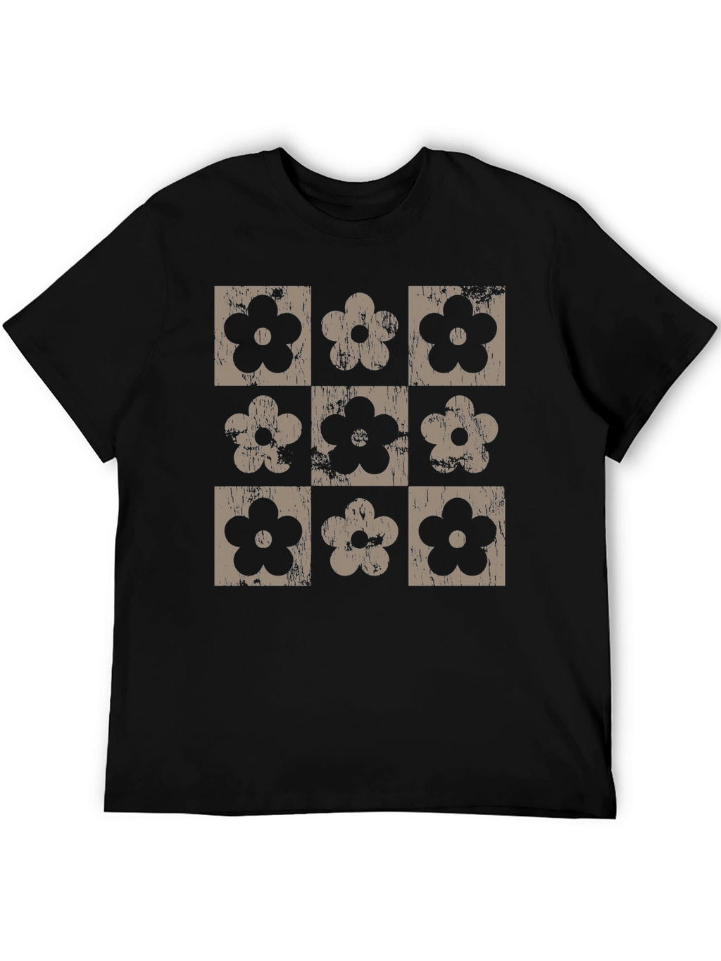 Retro Floral Grid T-Shirt - Black