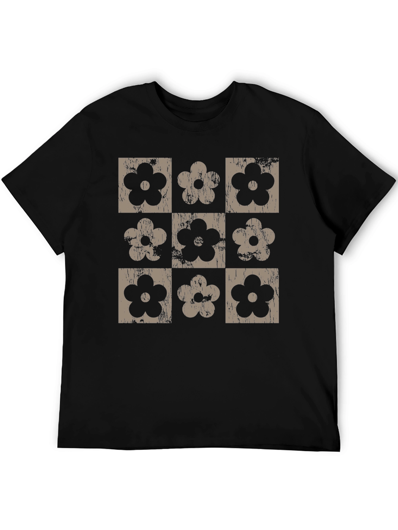Retro Floral Grid T-Shirt - Black