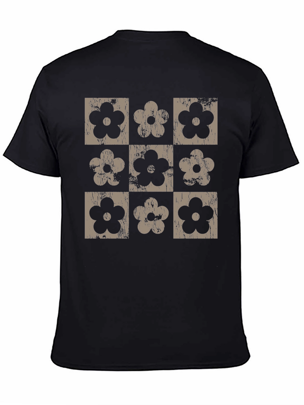 Retro Floral Grid T-Shirt - Black