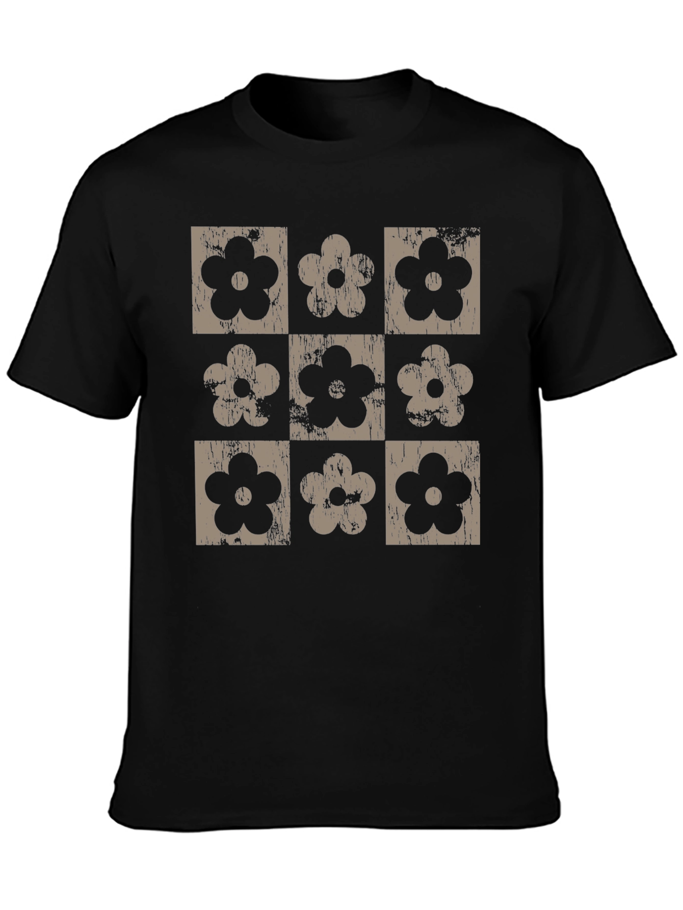 Retro Floral Grid T-Shirt - Black