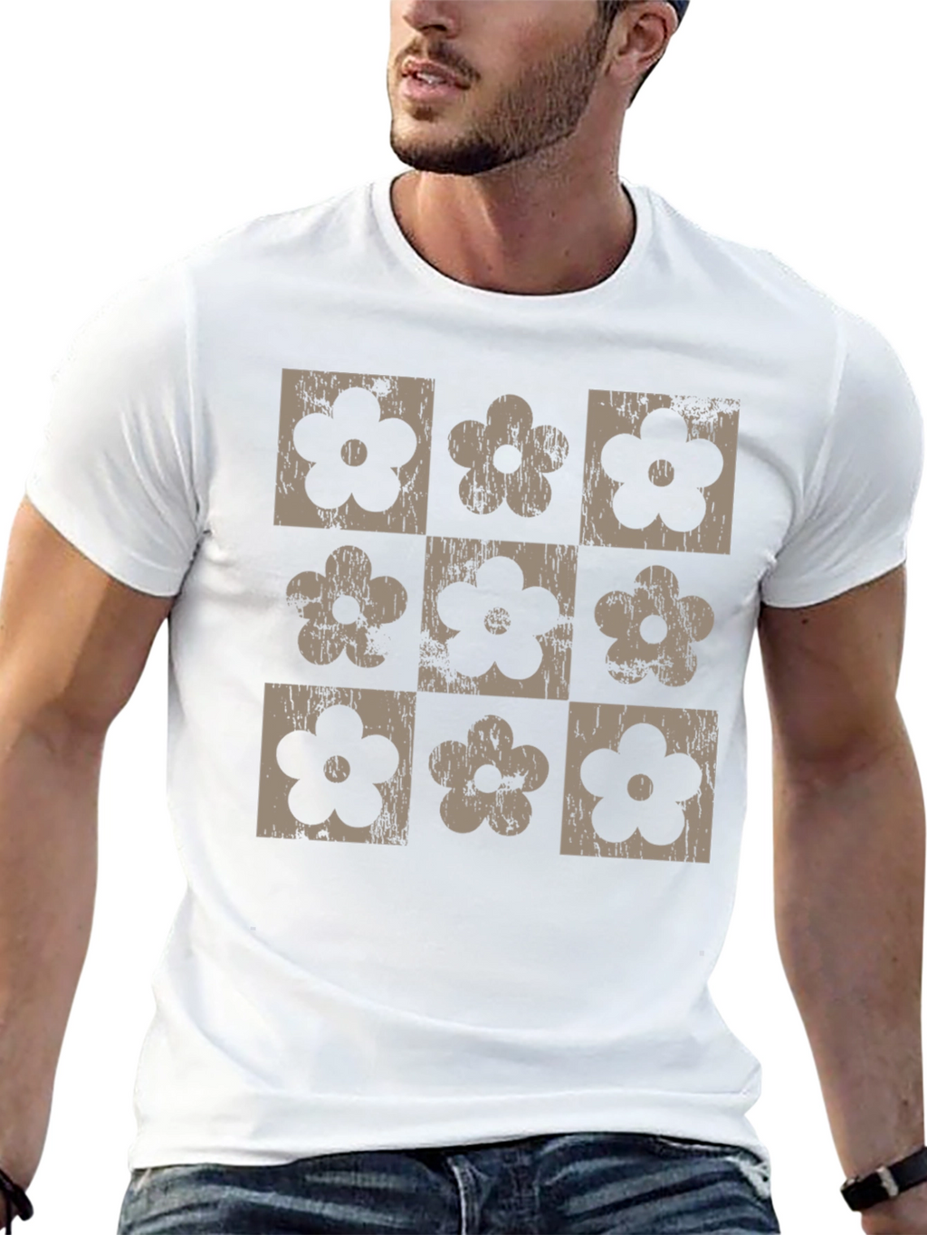 Retro Floral Grid T-Shirt - Black
