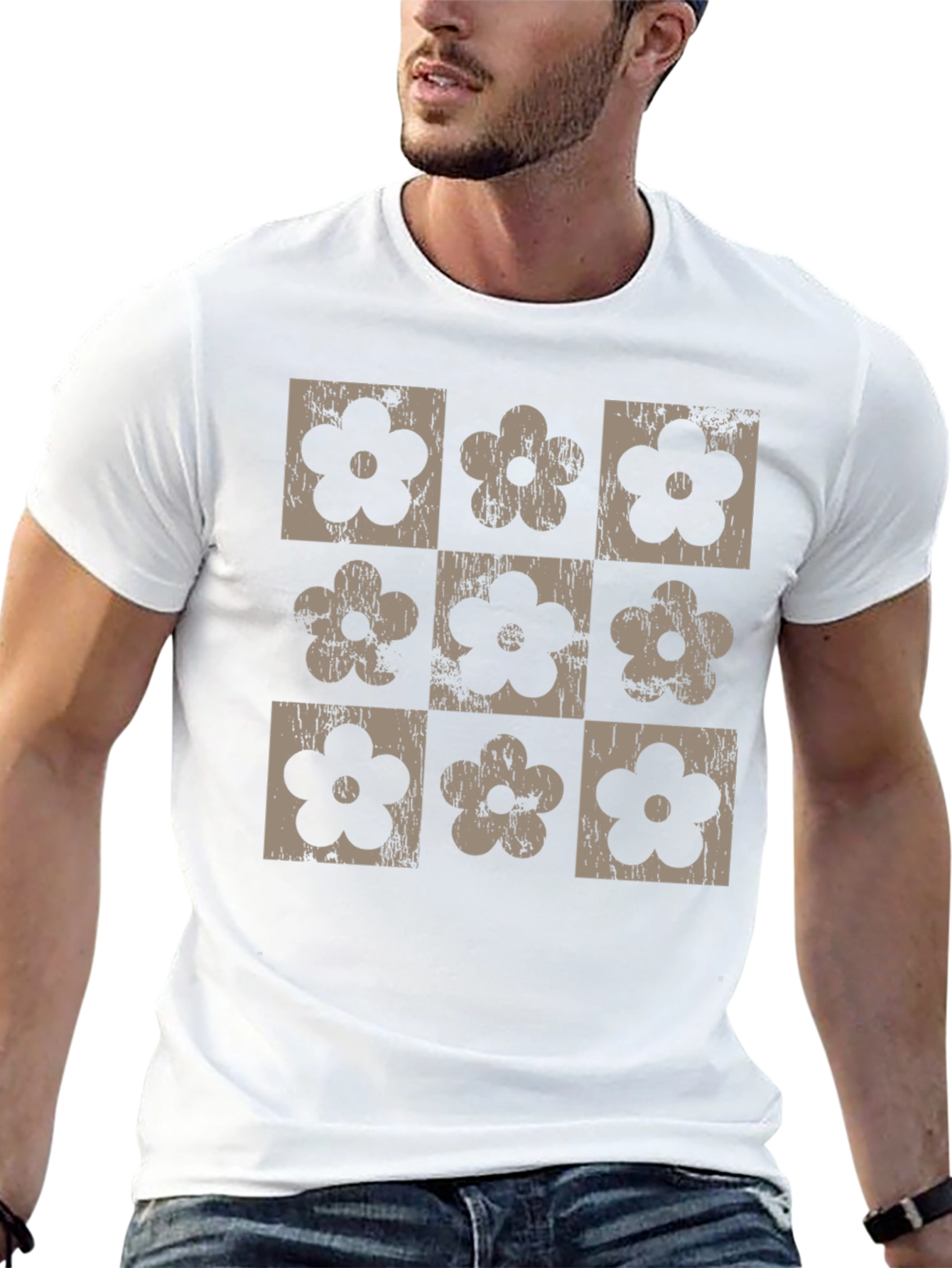 Retro Floral Grid T-Shirt - Black