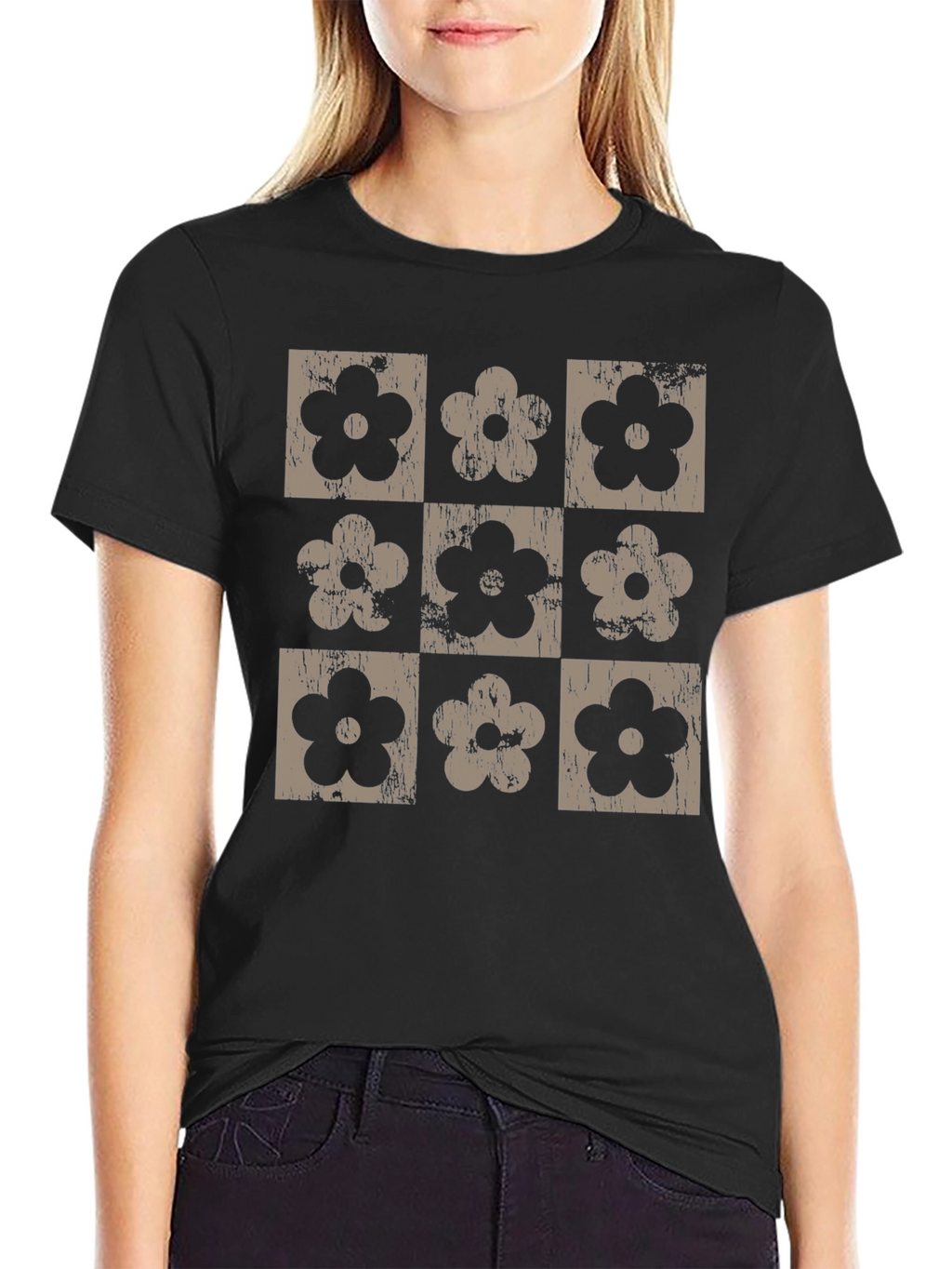 Retro Floral Grid T-Shirt - Black