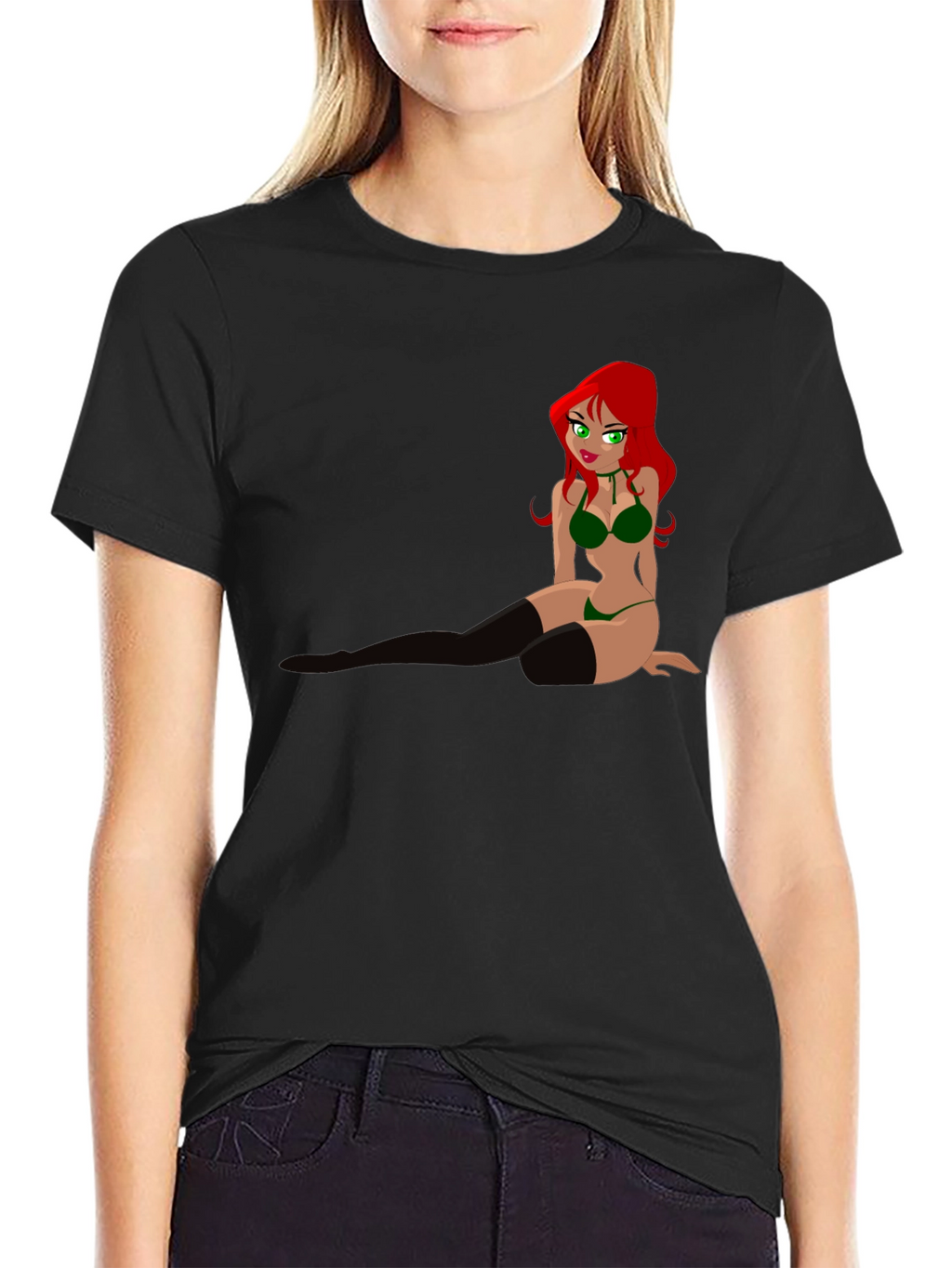 Cartoon Pin-Up Graphic Tee - Black T-Shirt