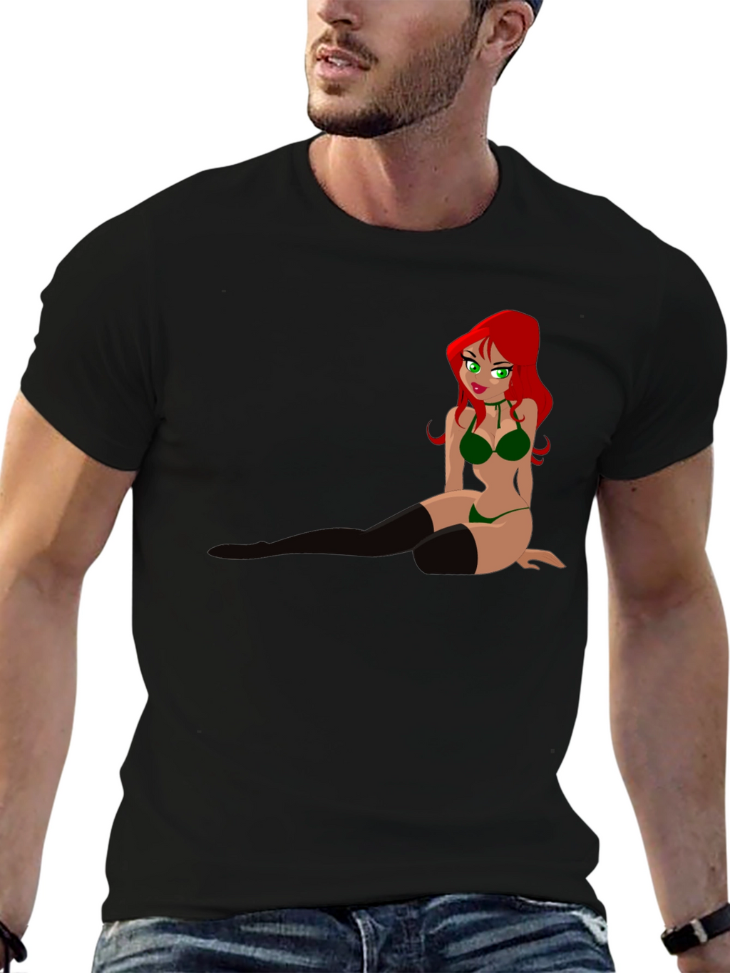 Cartoon Pin-Up Graphic Tee - Black T-Shirt