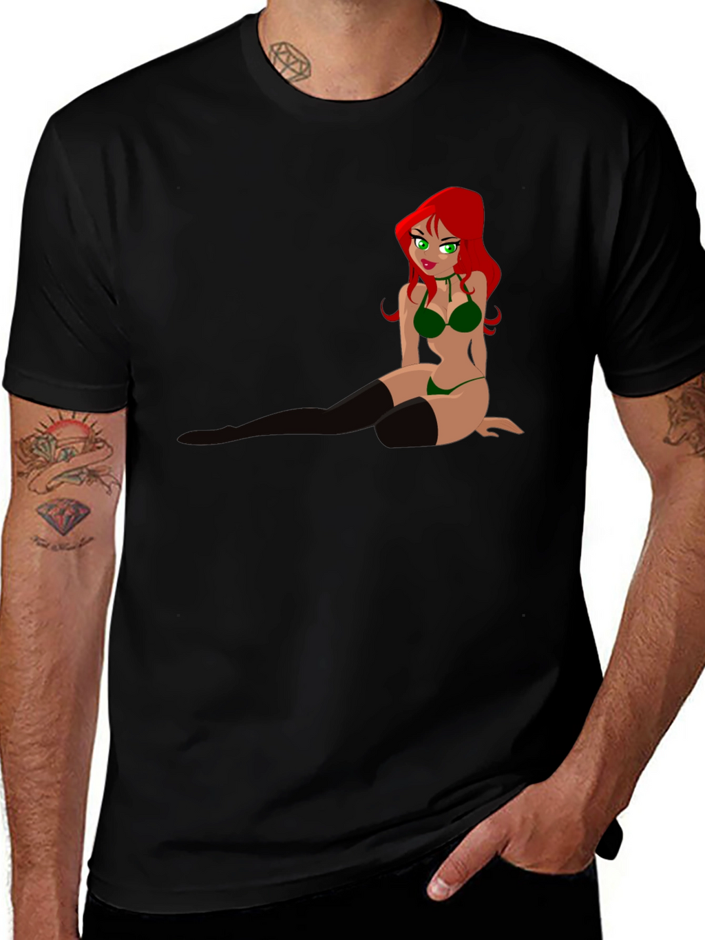 Cartoon Pin-Up Graphic Tee - Black T-Shirt