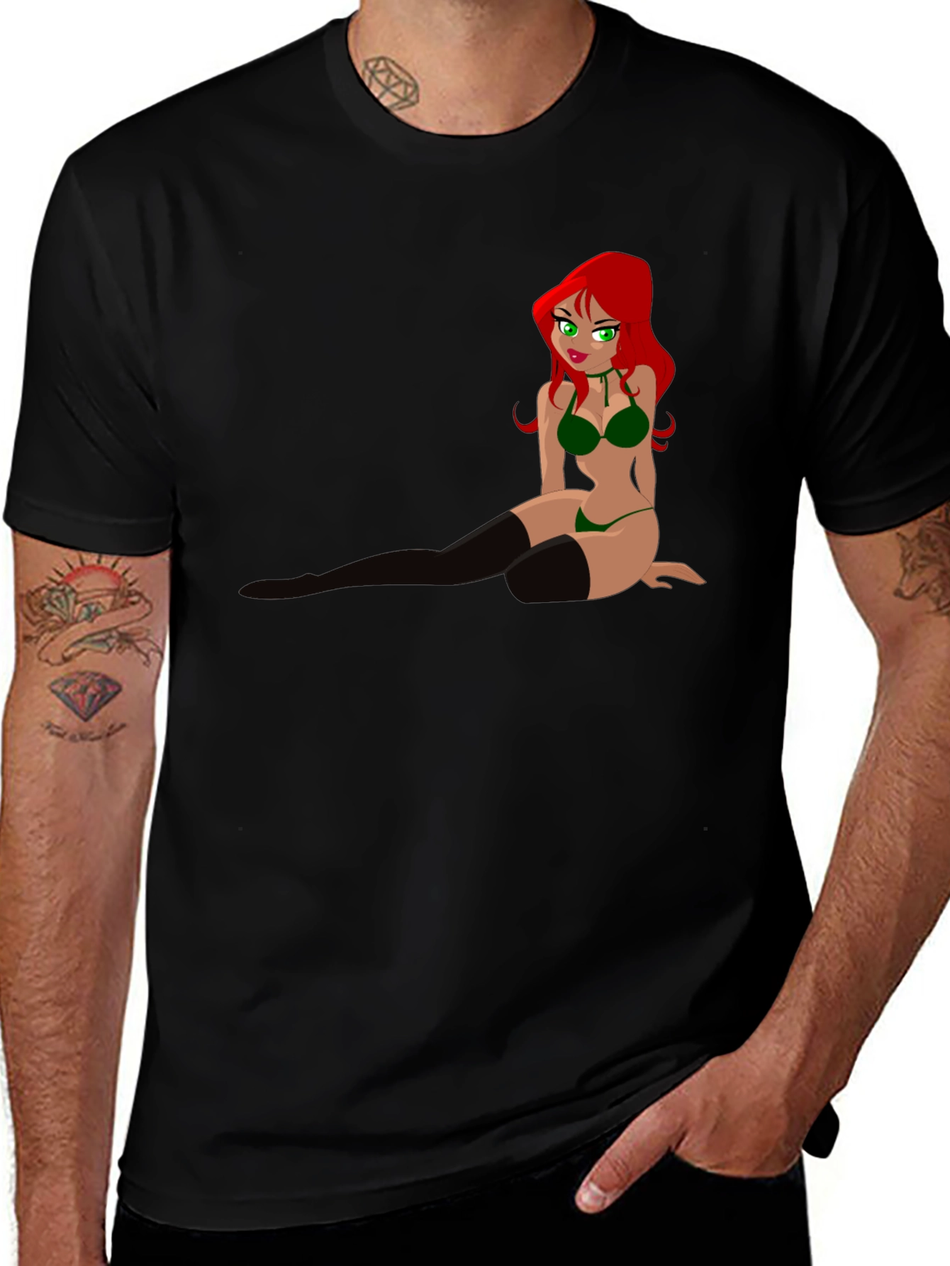 Cartoon Pin-Up Graphic Tee - Black T-Shirt