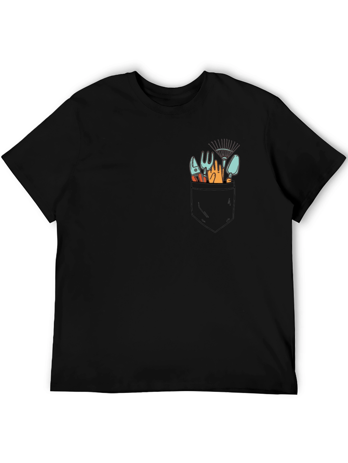 Gardening Tools Pocket Print Black T-Shirt