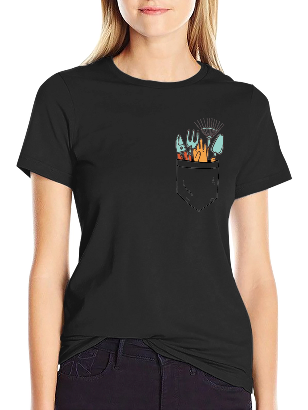 Gardening Tools Pocket Print Black T-Shirt